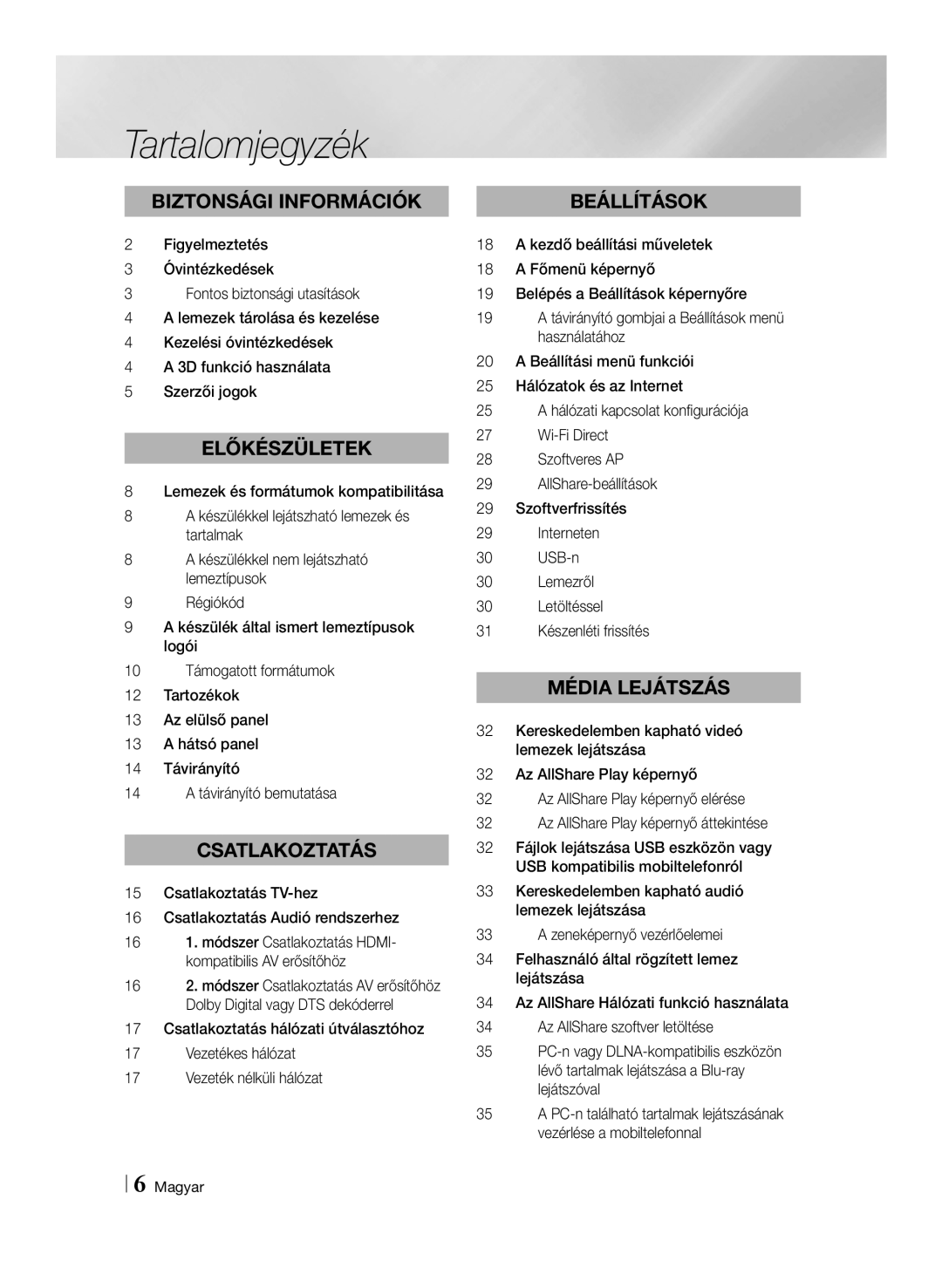 Samsung BD-E6100/EN, BD-E6100/XE manual Tartalomjegyzék, Csatlakoztatás TV-hez Csatlakoztatás Audió rendszerhez 