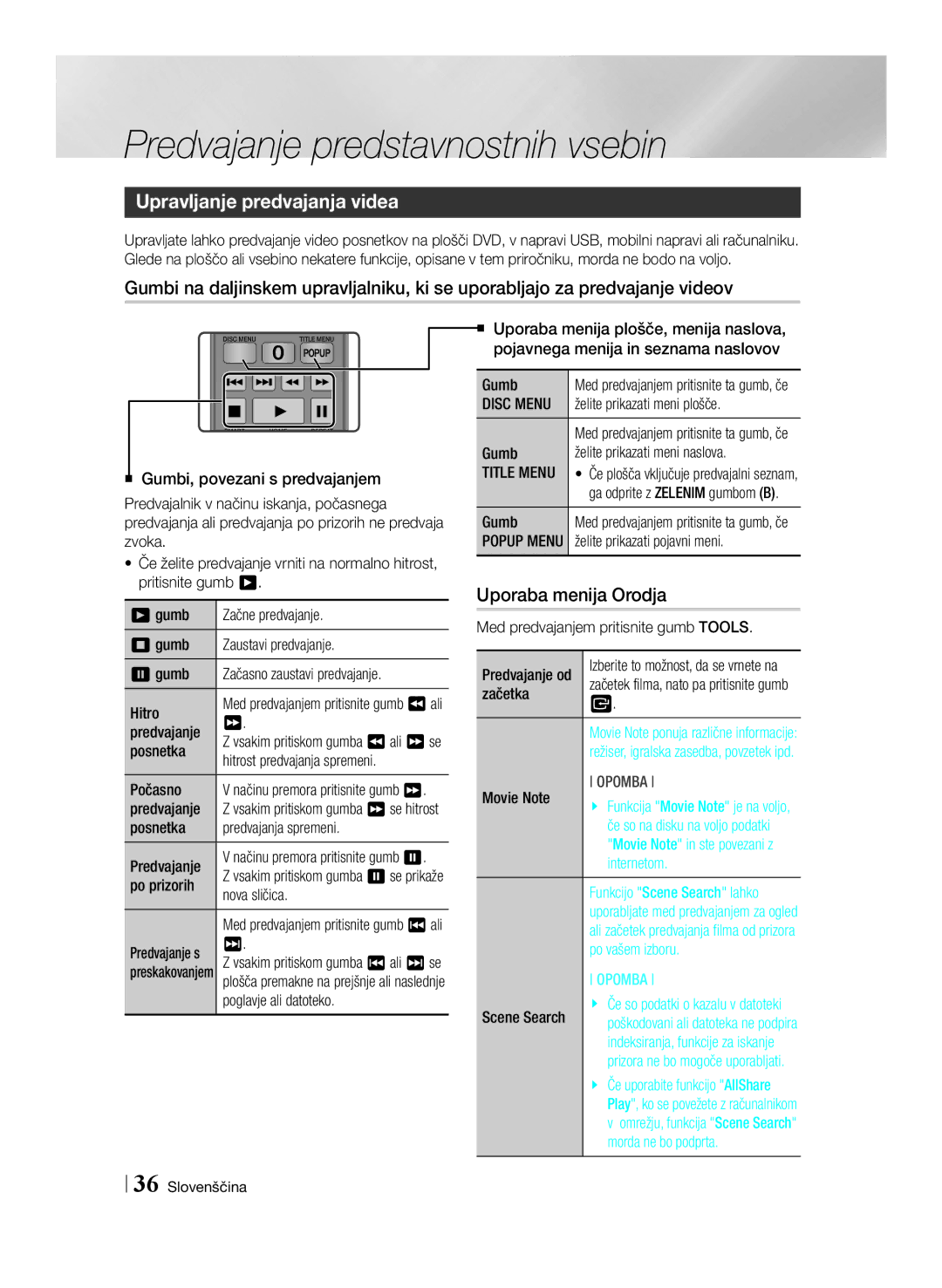 Samsung BD-E6100/EN, BD-E6100/XE manual Upravljanje predvajanja videa, Uporaba menija Orodja 