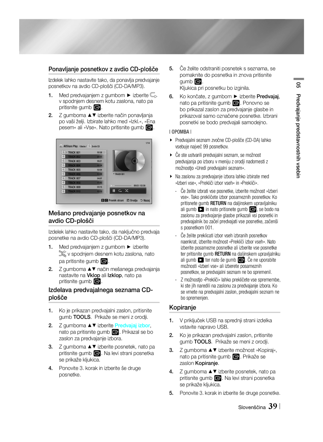 Samsung BD-E6100/XE Ponavljanje posnetkov z avdio CD-plošče, Mešano predvajanje posnetkov na avdio CD-plošči, Kopiranje 