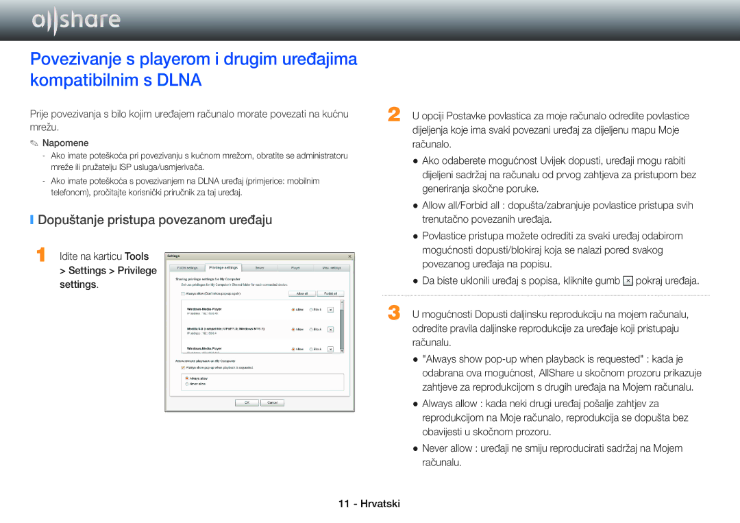 Samsung BD-E8300/EN, BD-E6100/EN, BD-E8500/EN manual Dopuštanje pristupa povezanom uređaju 