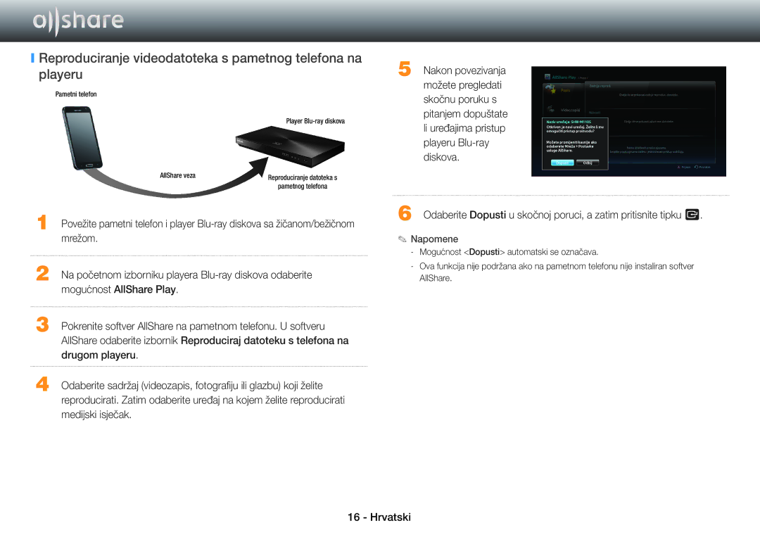 Samsung BD-E8500/EN, BD-E6100/EN, BD-E8300/EN Reproduciranje videodatoteka s pametnog telefona na playeru, Medijski isječak 
