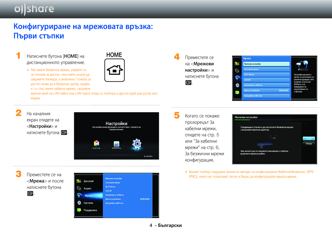 Samsung BD-E6100/EN Конфигуриране на мрежовата връзка Първи стъпки, Натиснете бутона Home на, Дистанционното управление 