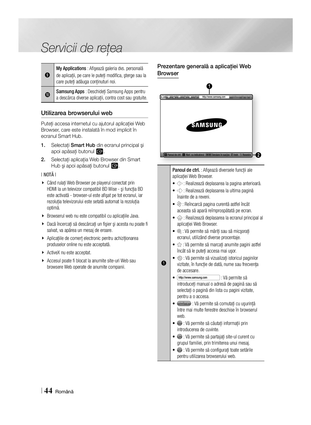 Samsung BD-E6100/EN Utilizarea browserului web, Prezentare generală a aplicaţiei Web Browser, ActiveX nu este acceptat 