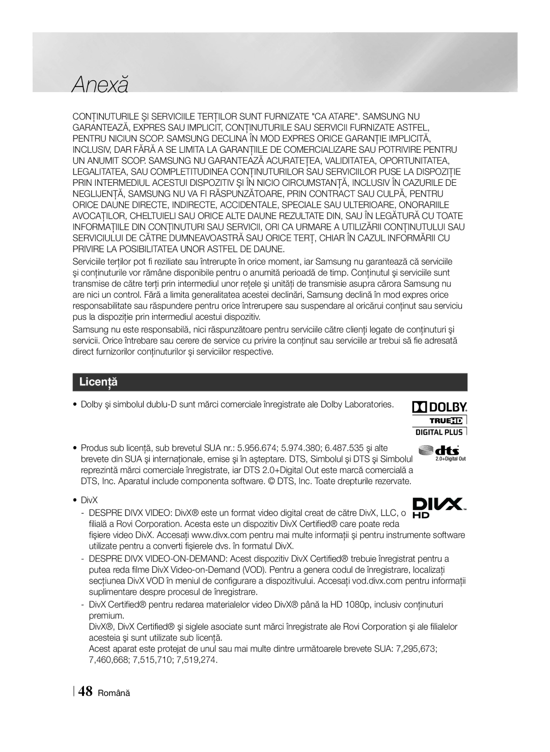 Samsung BD-E6100/EN manual Licenţă, DivX, 48 Română 