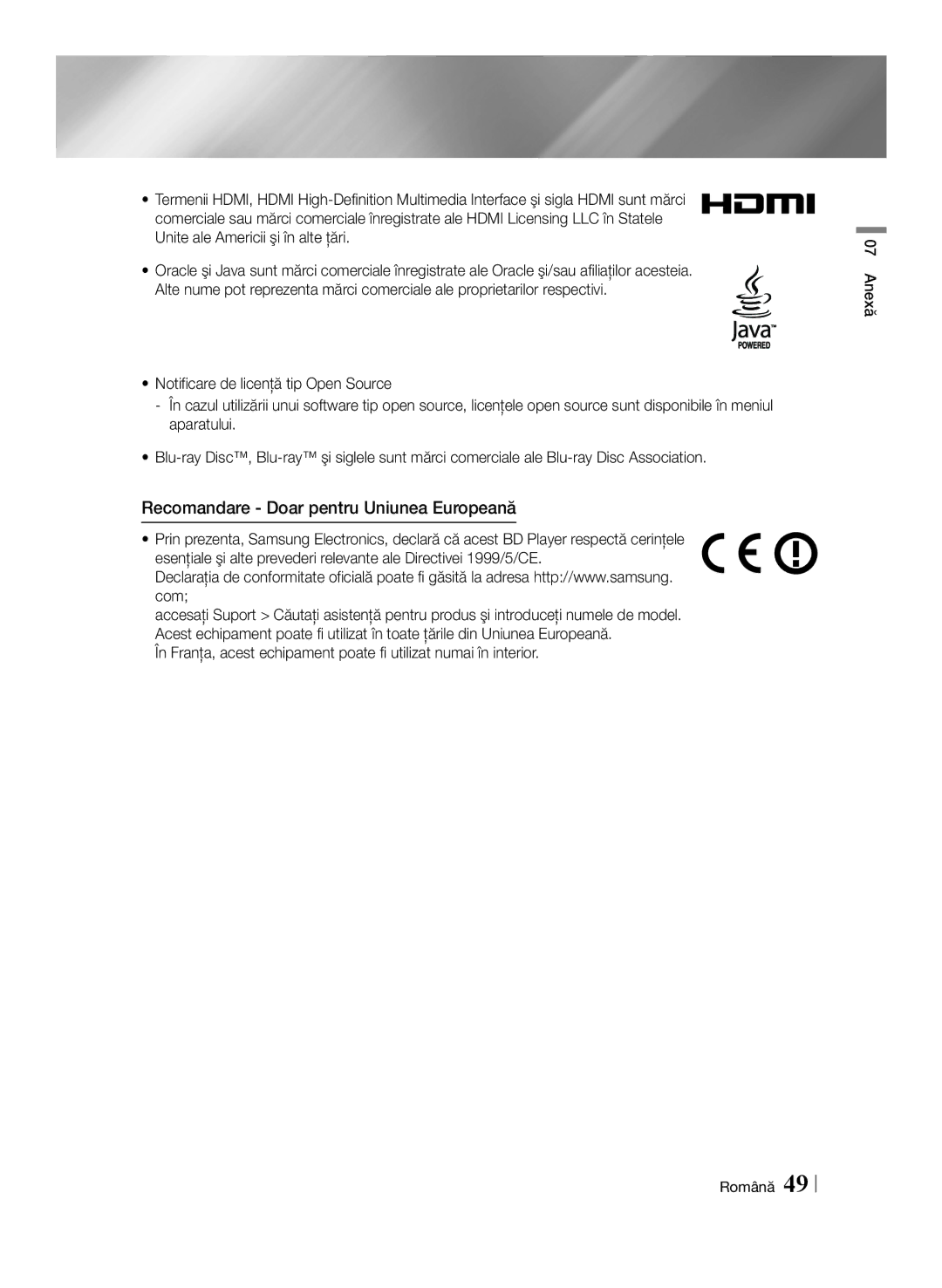 Samsung BD-E6100/EN manual Recomandare Doar pentru Uniunea Europeană 