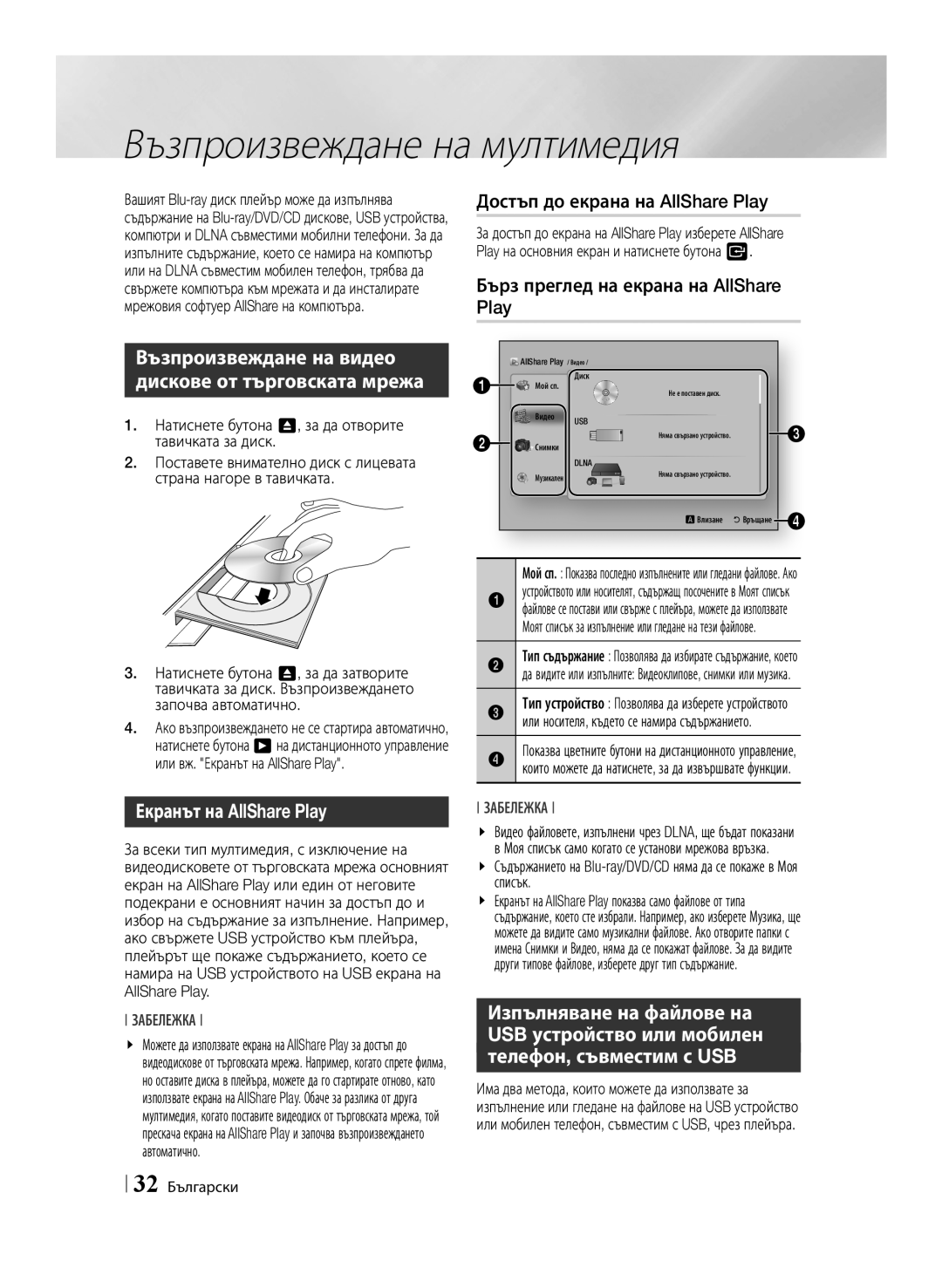 Samsung BD-E6100/EN manual Възпроизвеждане на мултимедия, Достъп до екрана на AllShare Play, Екранът на AllShare Play 