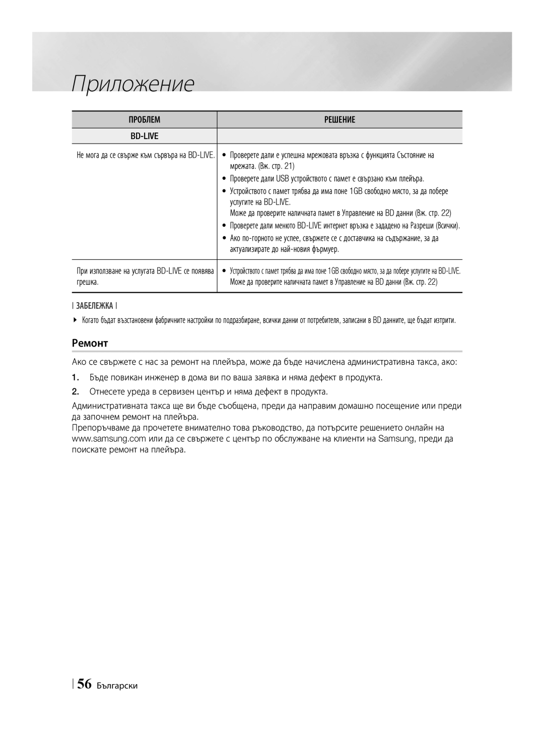 Samsung BD-E6100/EN manual Ремонт, Мрежата. Вж. стр, Услугите на BD-LIVE, Актуализирате до най-новия фърмуер, Грешка 