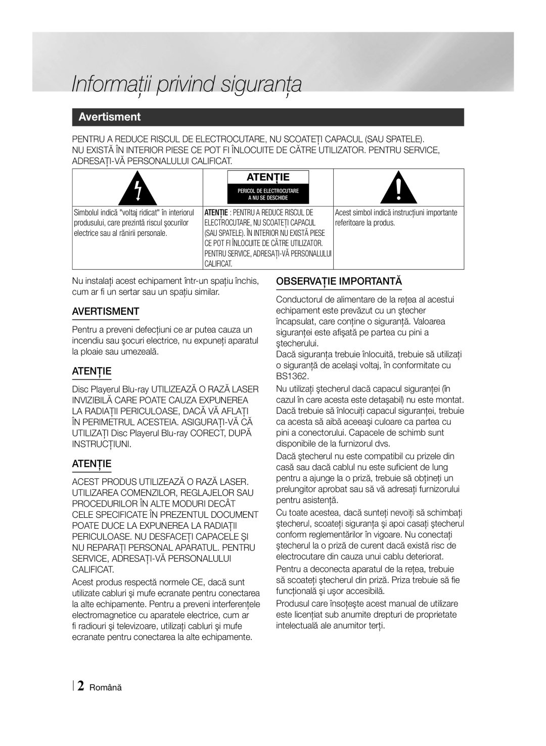 Samsung BD-E6100/EN manual Informaţii privind siguranţa, Avertisment 