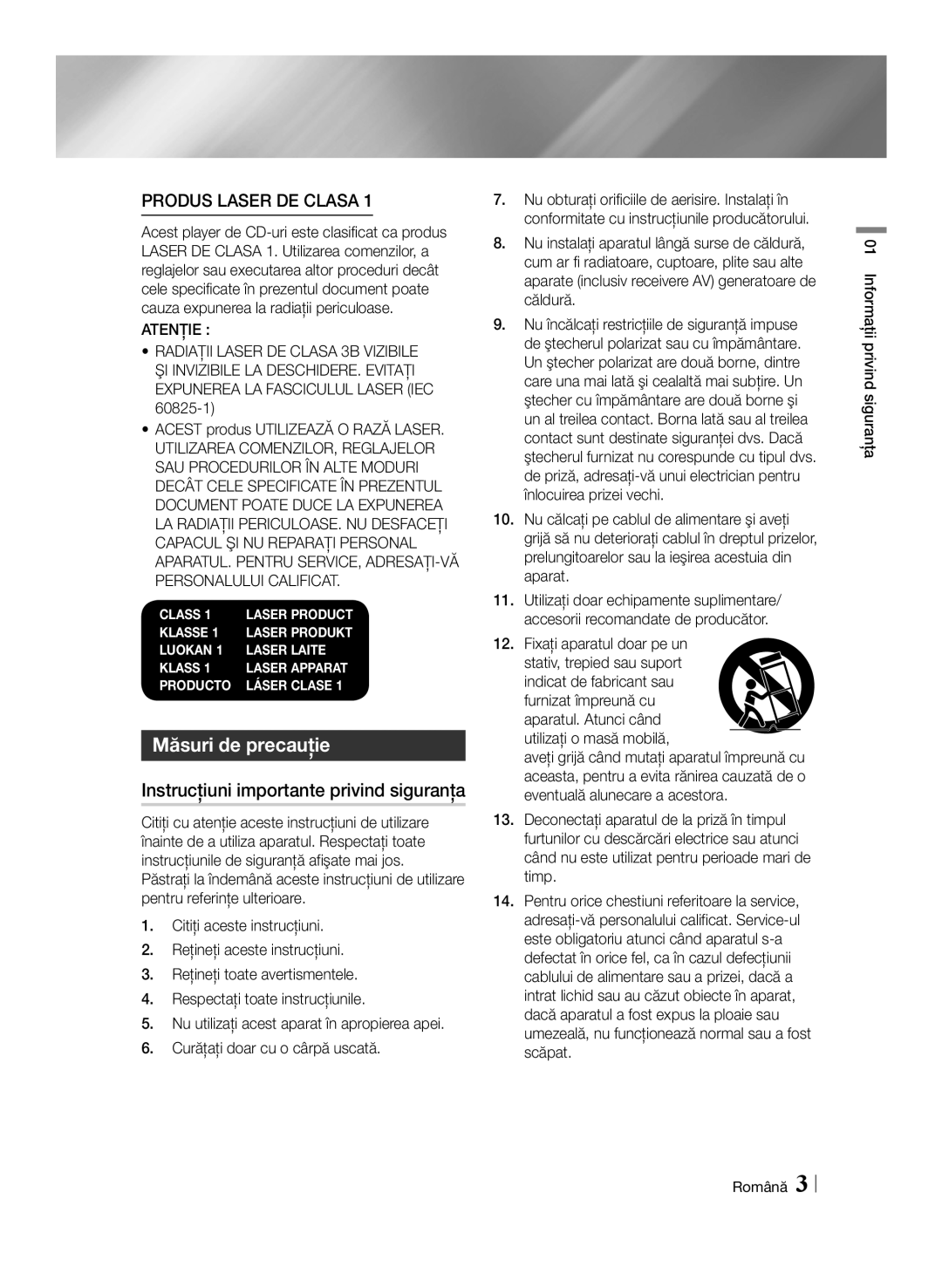 Samsung BD-E6100/EN manual Măsuri de precauţie, Instrucţiuni importante privind siguranţa 