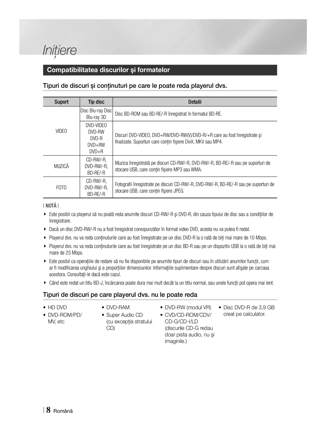 Samsung BD-E6100/EN manual Iniţiere, Compatibilitatea discurilor şi formatelor, Cvd/Cd-Rom/Cdv 