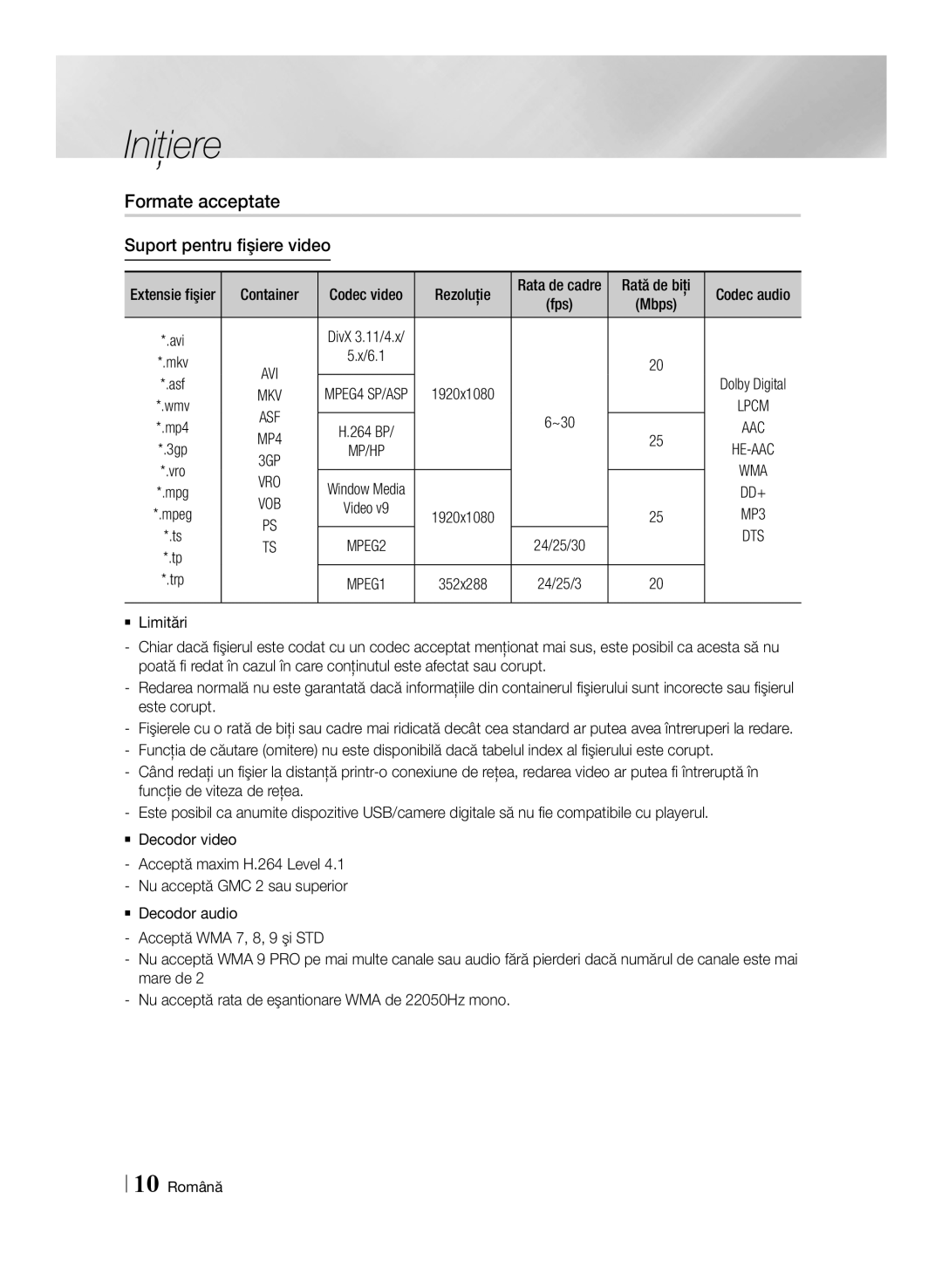 Samsung BD-E6100/EN manual Formate acceptate, Suport pentru fişiere video, Rezoluţie, 10 Română, Mbps 