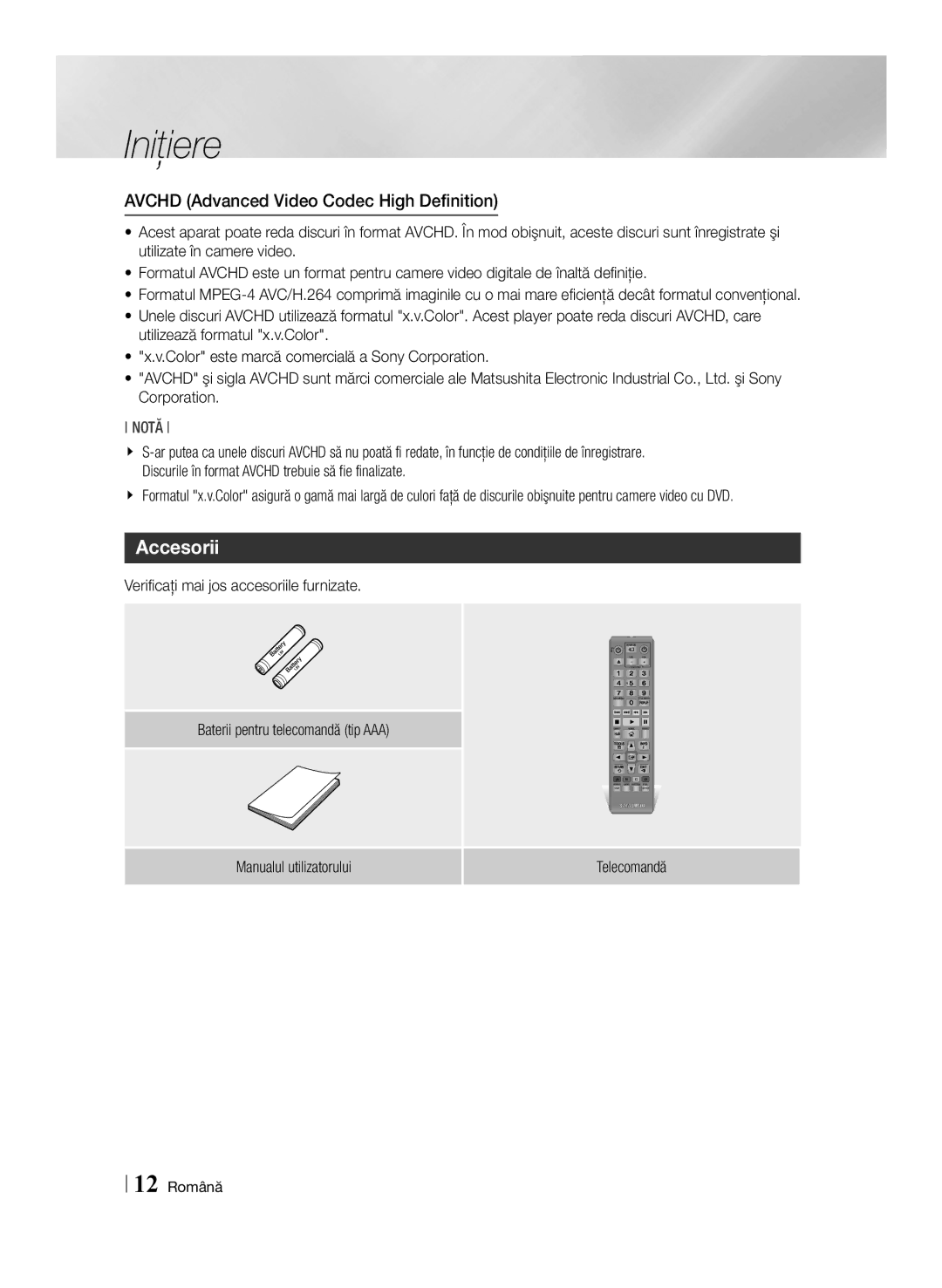 Samsung BD-E6100/EN Accesorii, Avchd Advanced Video Codec High Definition, Manualul utilizatorului Telecomandă, 12 Română 