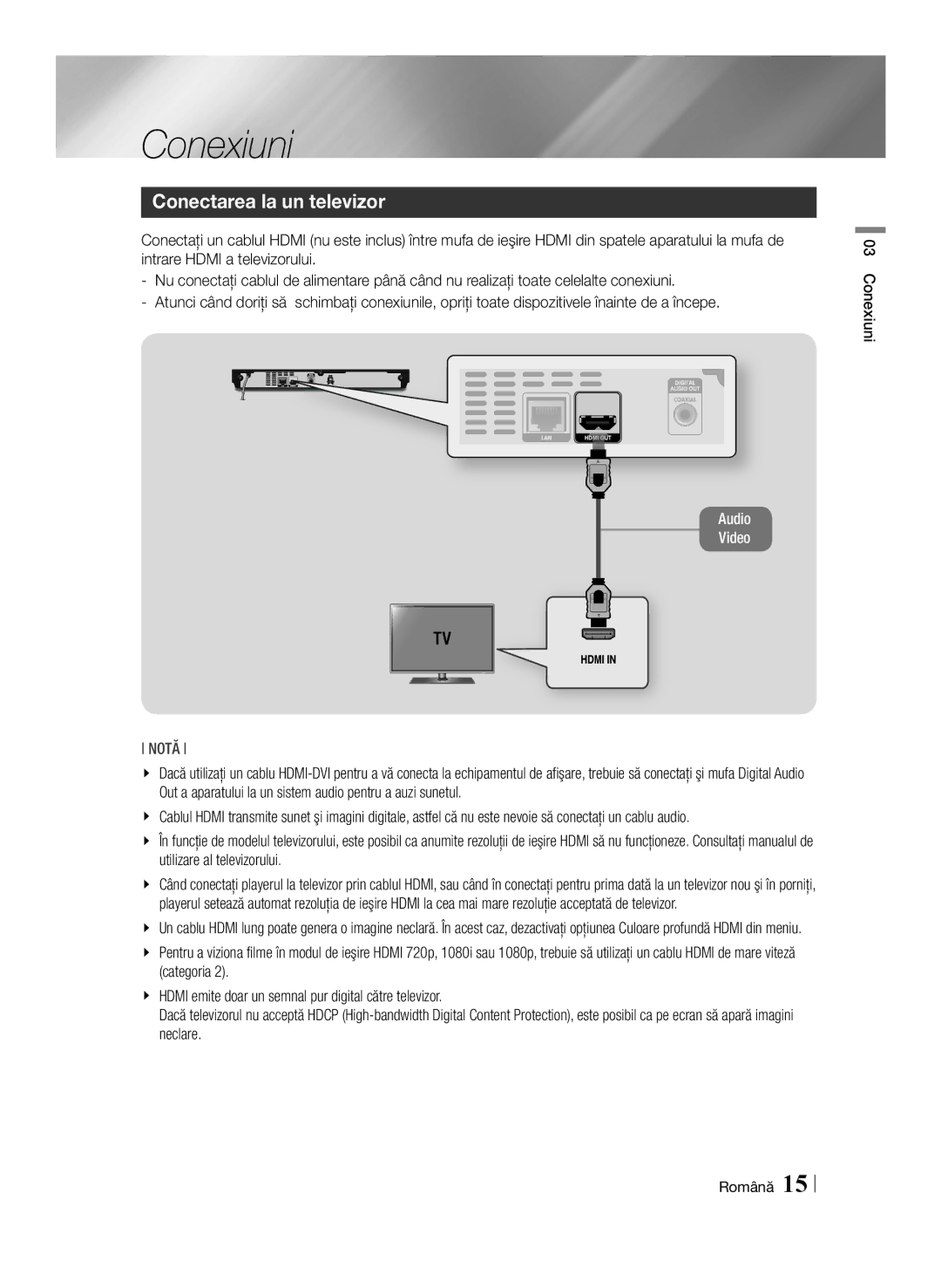 Samsung BD-E6100/EN manual Conectarea la un televizor, Conexiuni Română 