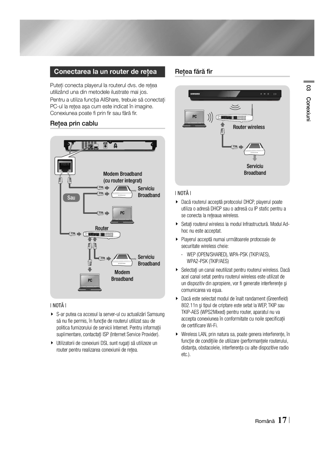 Samsung BD-E6100/EN manual Conectarea la un router de reţea, Reţea prin cablu, Reţea fără fir 