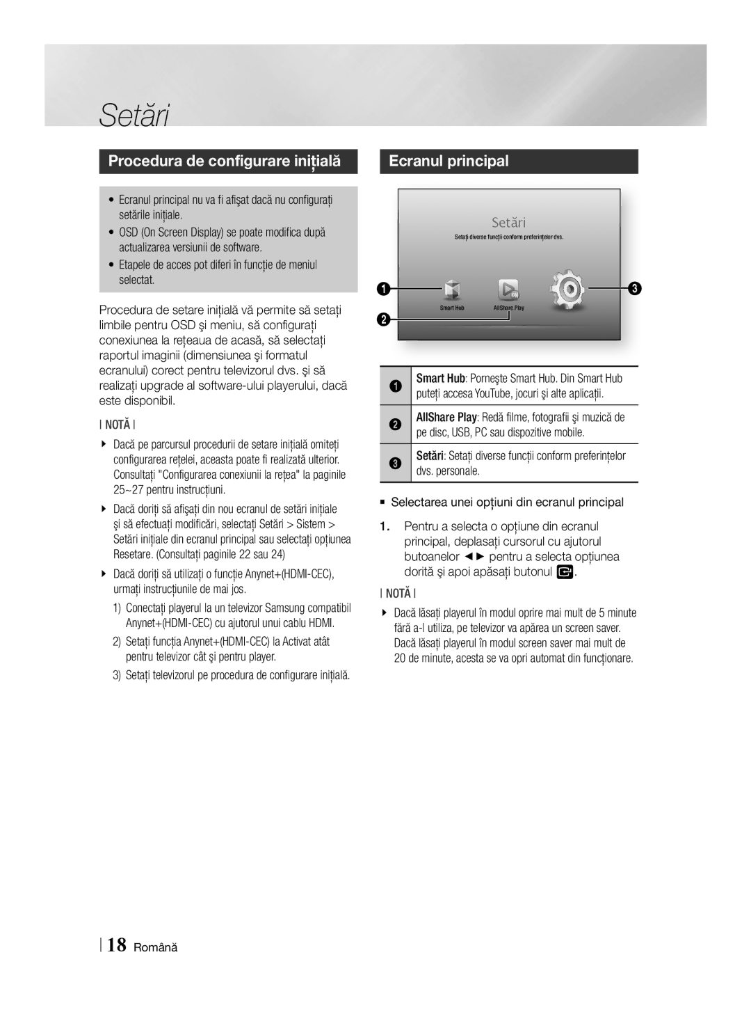 Samsung BD-E6100/EN manual Setări, Procedura de configurare iniţială, Ecranul principal 