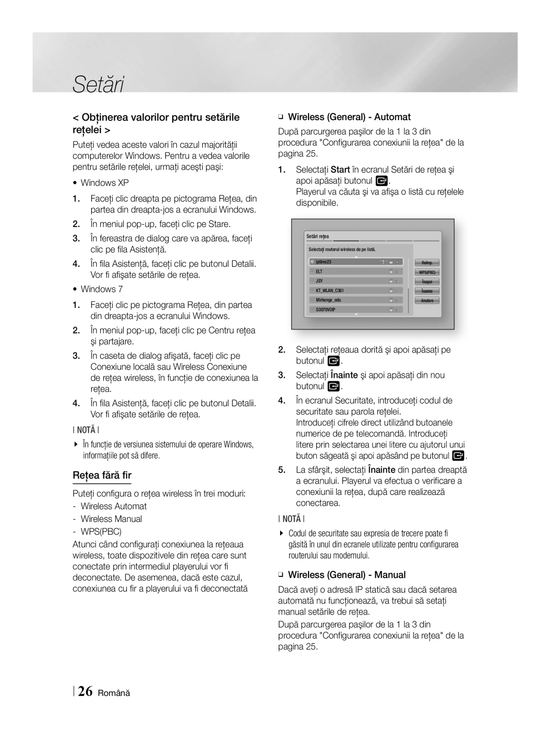 Samsung BD-E6100/EN Obţinerea valorilor pentru setările reţelei, Reţea fără fir, Windows XP, Wireless Manual -- Wpspbc 