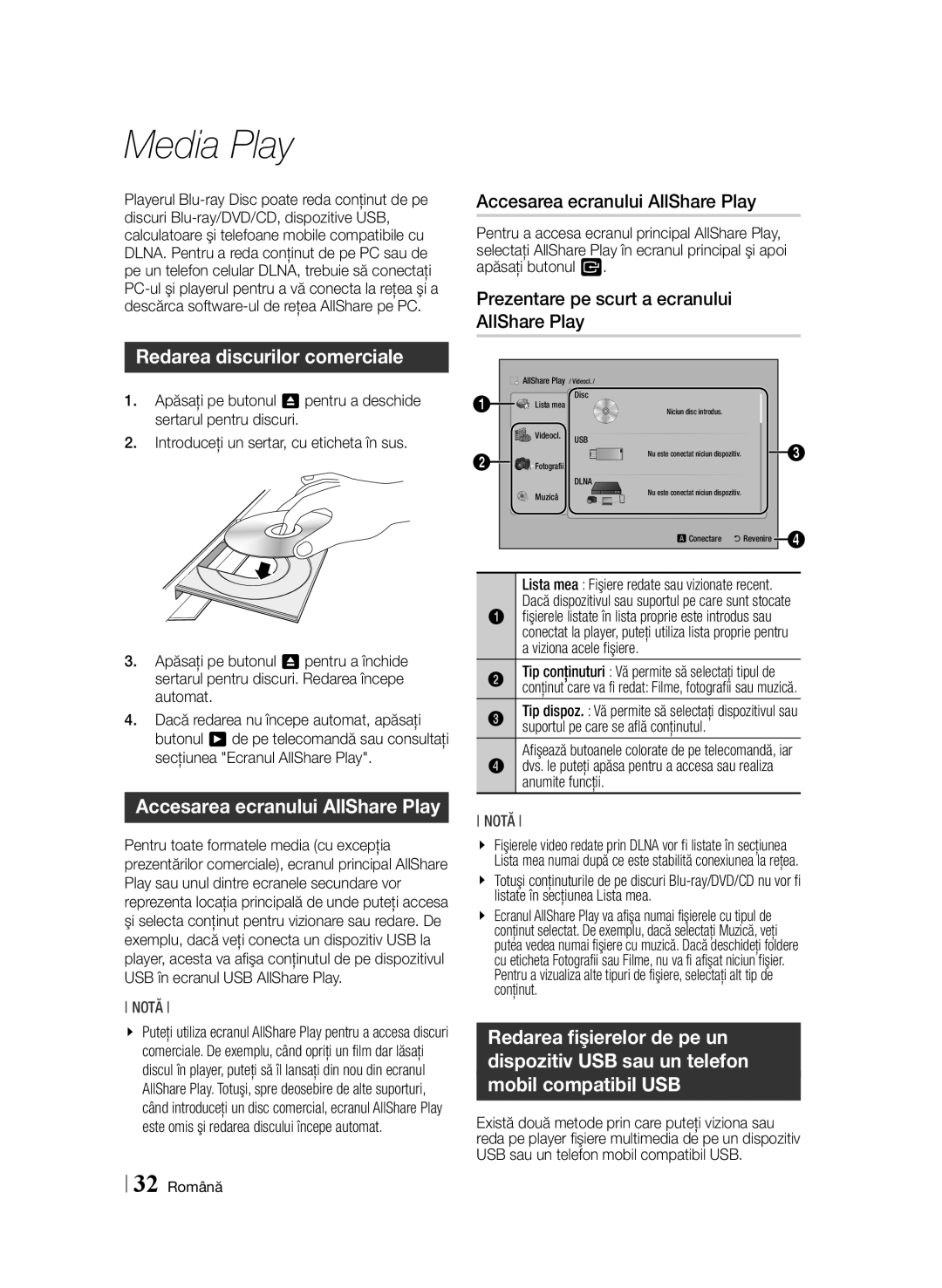 Samsung BD-E6100/EN manual Media Play, Redarea discurilor comerciale, Accesarea ecranului AllShare Play 