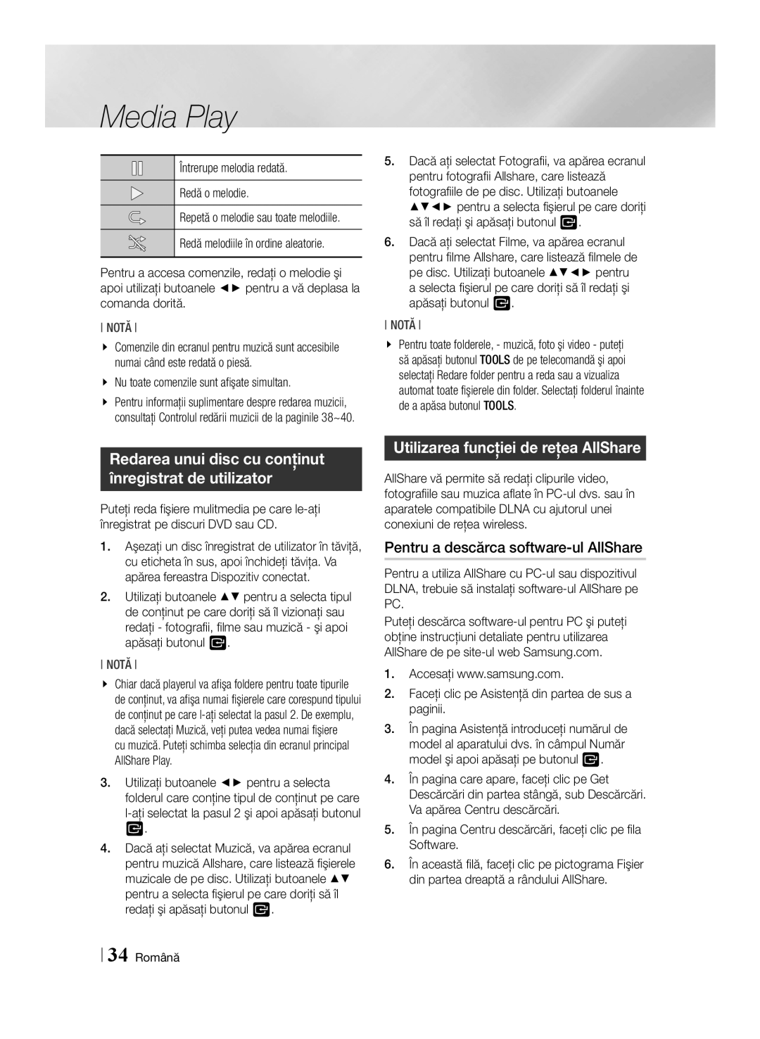 Samsung BD-E6100/EN manual Utilizarea funcţiei de reţea AllShare, Pentru a descărca software-ul AllShare 