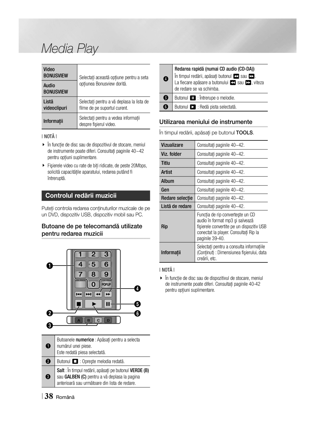 Samsung BD-E6100/EN manual Controlul redării muzicii, Butoane de pe telecomandă utilizate pentru redarea muzicii 