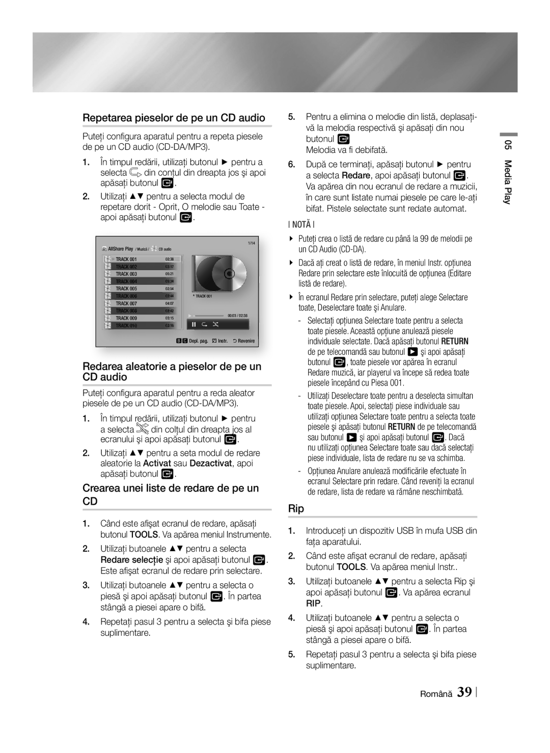 Samsung BD-E6100/EN manual Repetarea pieselor de pe un CD audio, Redarea aleatorie a pieselor de pe un CD audio, Rip 