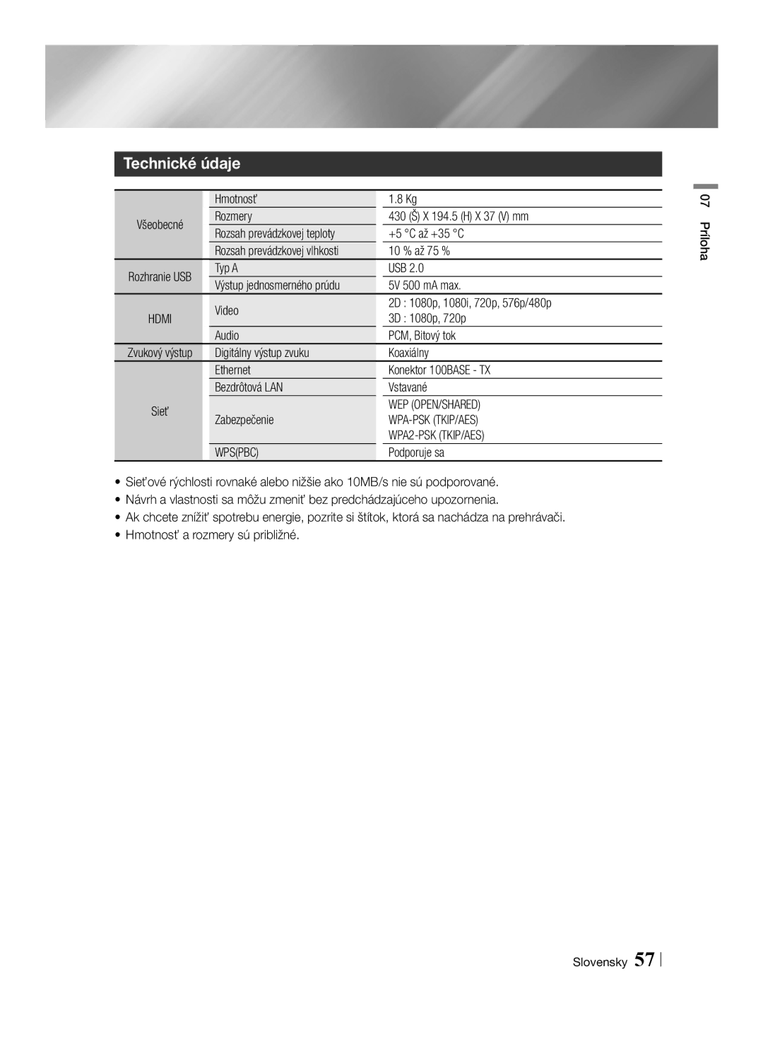 Samsung BD-E6100/EN manual Hmotnosť, Rozmery 430 Š X 194.5 H X 37 V mm, 5V 500 mA max, Zabezpečenie, Podporuje sa 