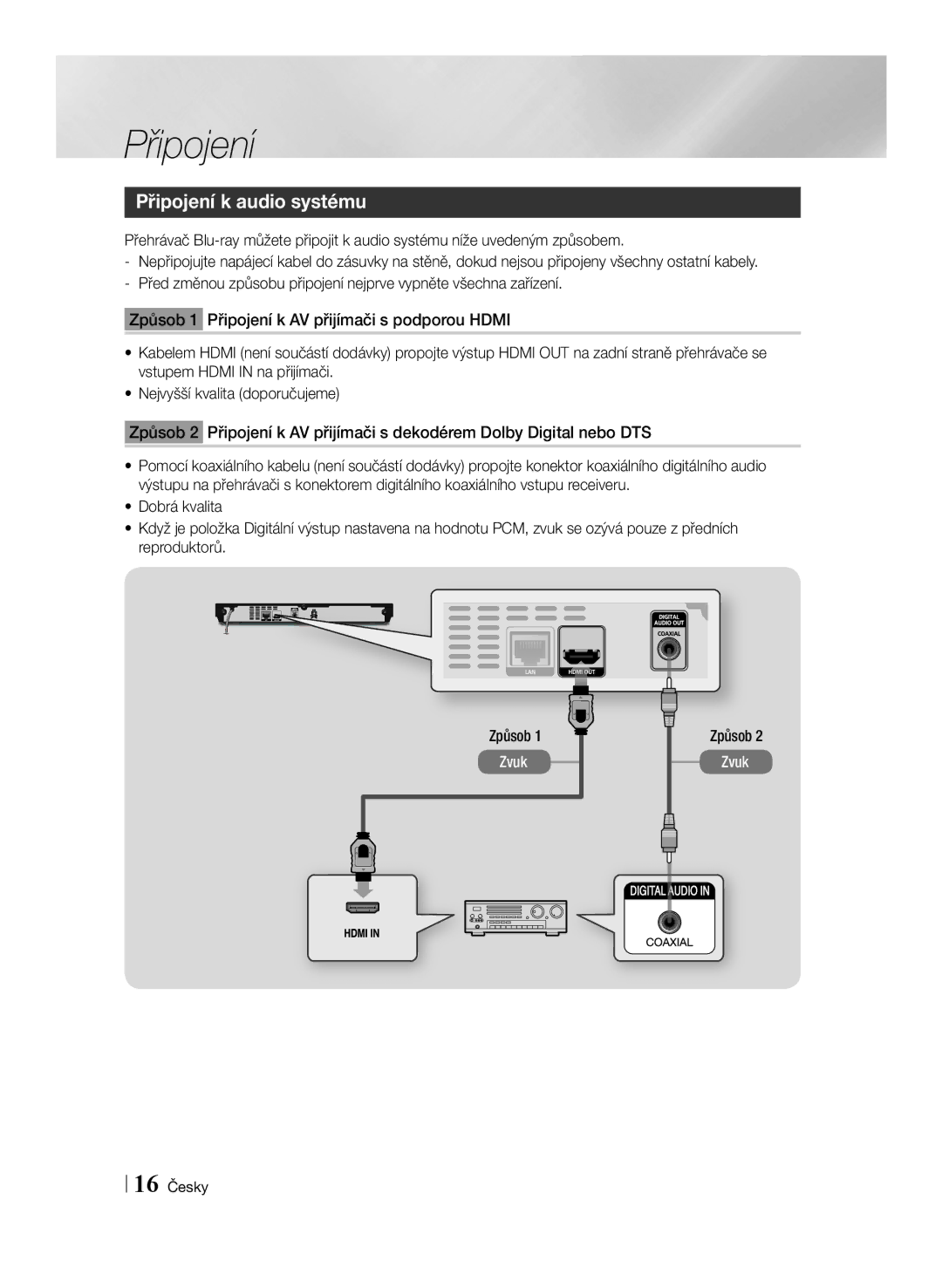 Samsung BD-E6100/EN manual Připojení k audio systému, 16 Česky 