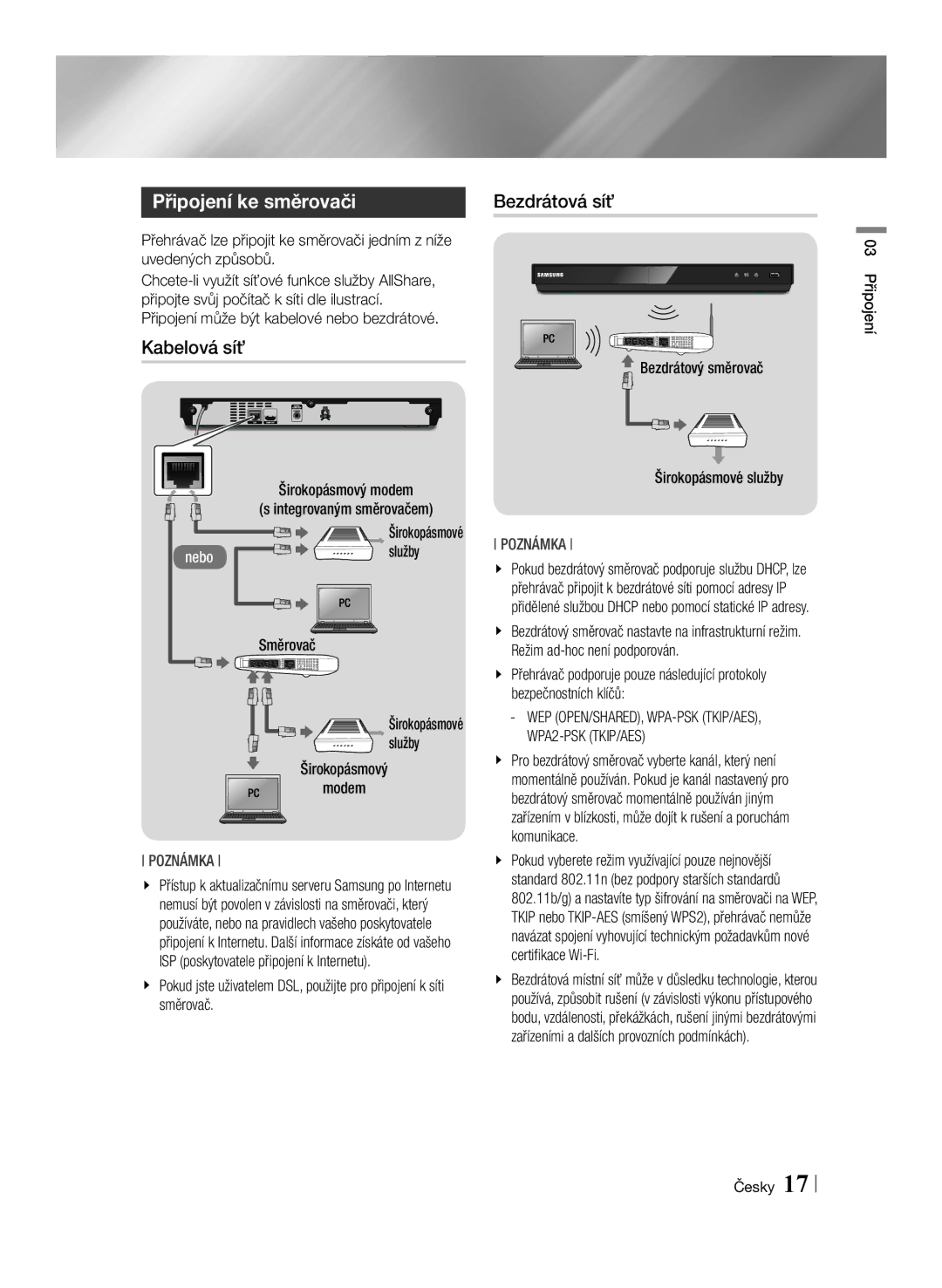 Samsung BD-E6100/EN manual Připojení ke směrovači, Kabelová síť, Bezdrátová síť 