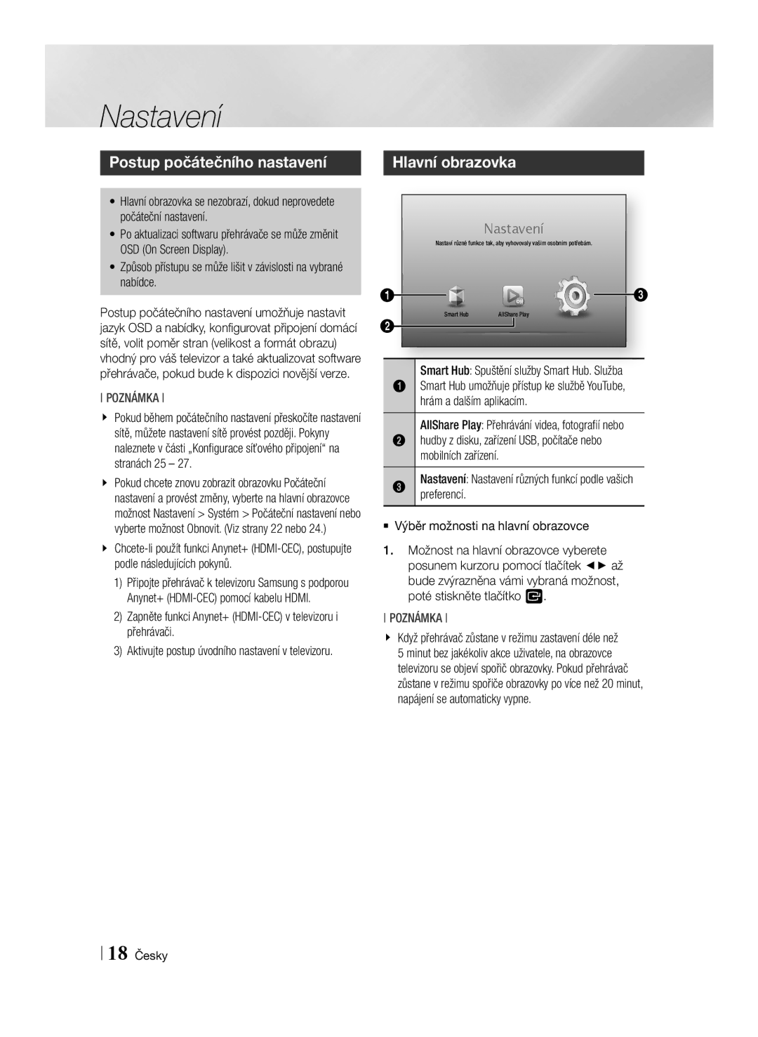 Samsung BD-E6100/EN manual Nastavení, Postup počátečního nastavení, Hlavní obrazovka, 18 Česky 