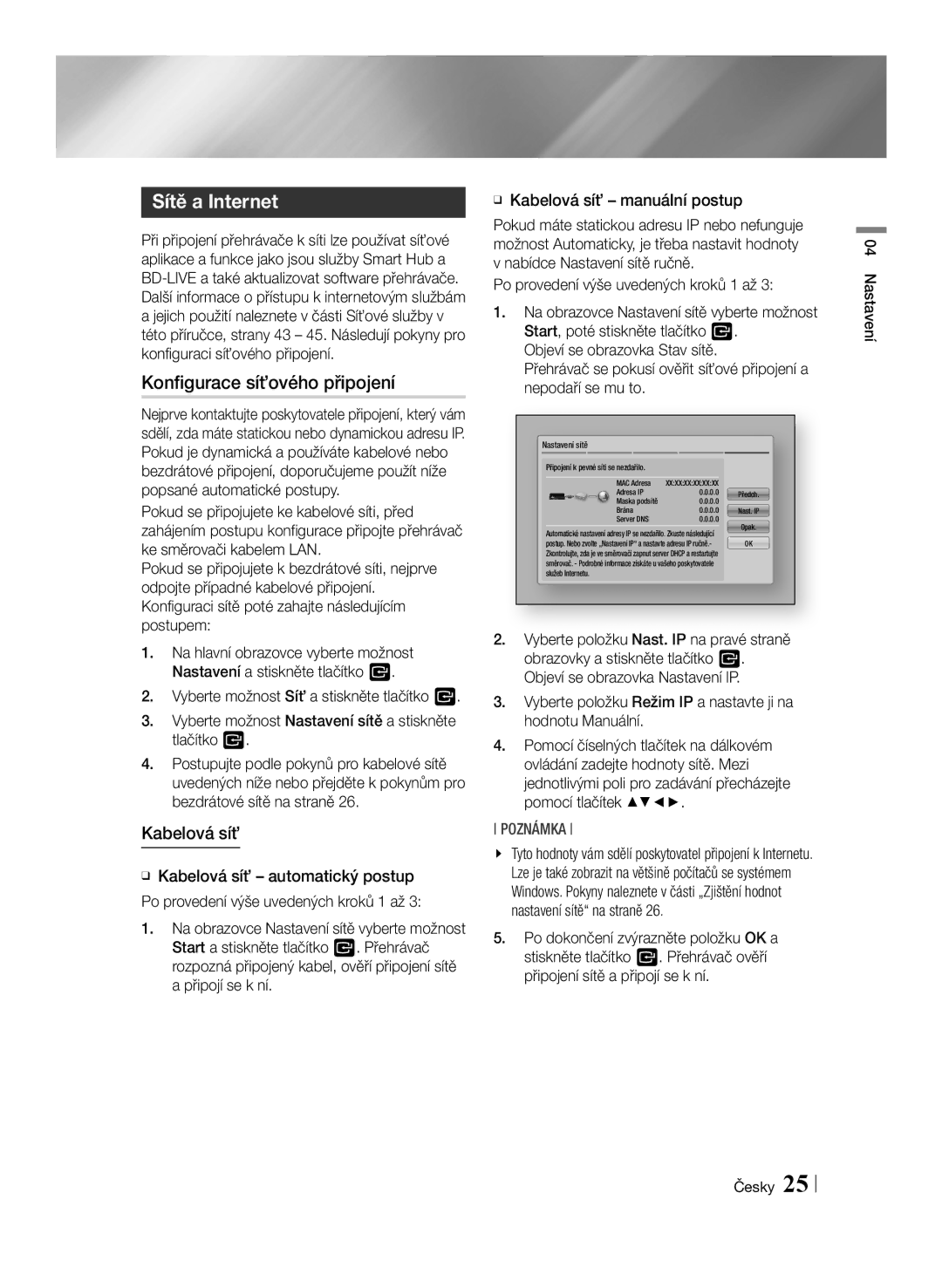 Samsung BD-E6100/EN manual Sítě a Internet, Konfigurace síťového připojení, Kabelová síť 