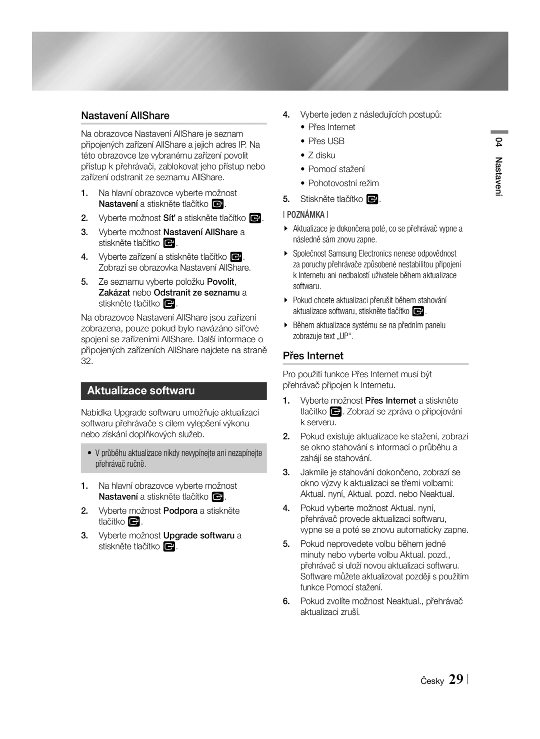 Samsung BD-E6100/EN manual Nastavení AllShare, Aktualizace softwaru, Přes Internet 