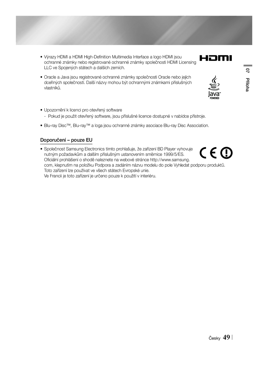 Samsung BD-E6100/EN manual Doporučení pouze EU 