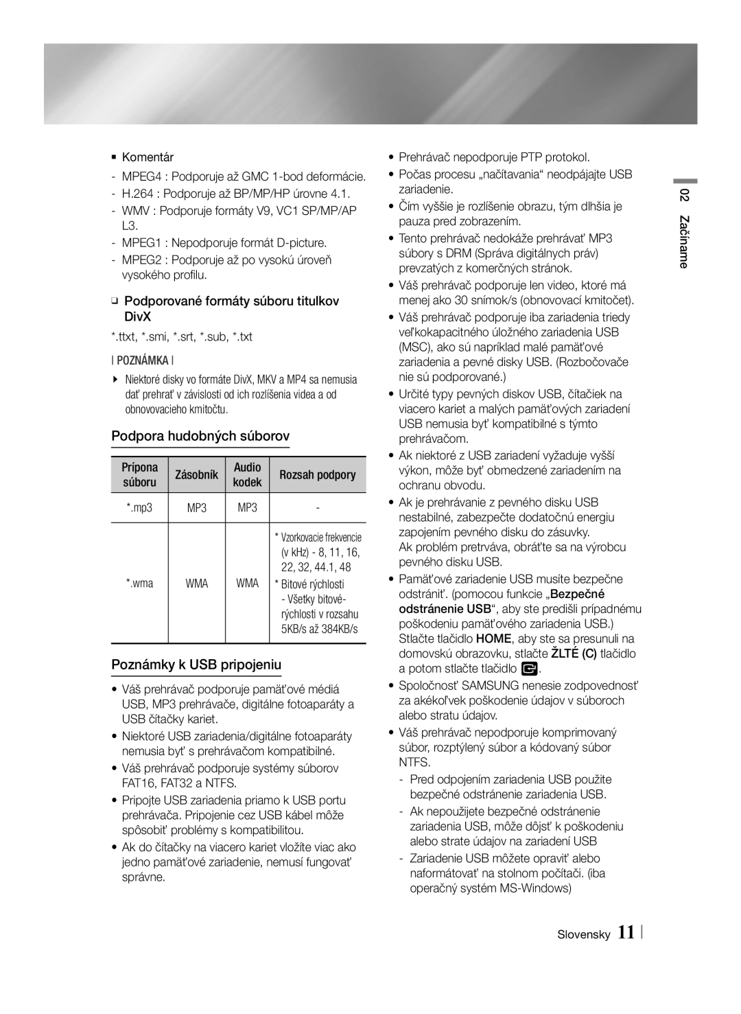 Samsung BD-E6100/EN manual Podpora hudobných súborov, Poznámky k USB pripojeniu, Bitové rýchlosti, Všetky bitové 