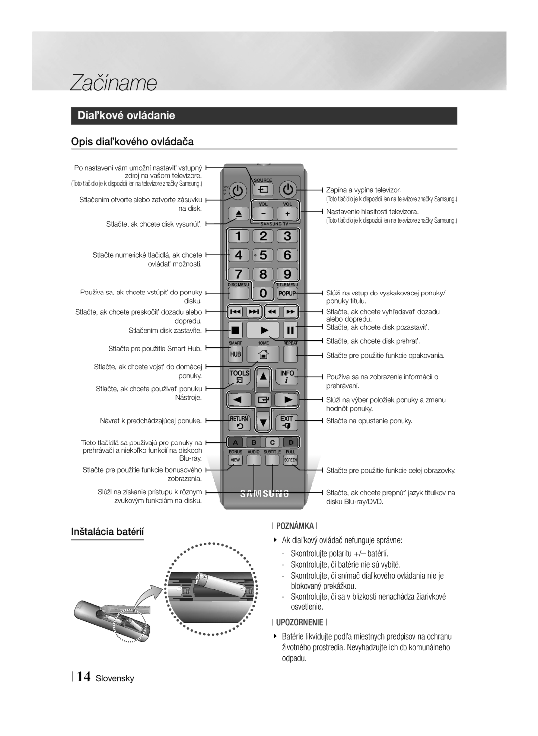 Samsung BD-E6100/EN manual Inštalácia batérií 