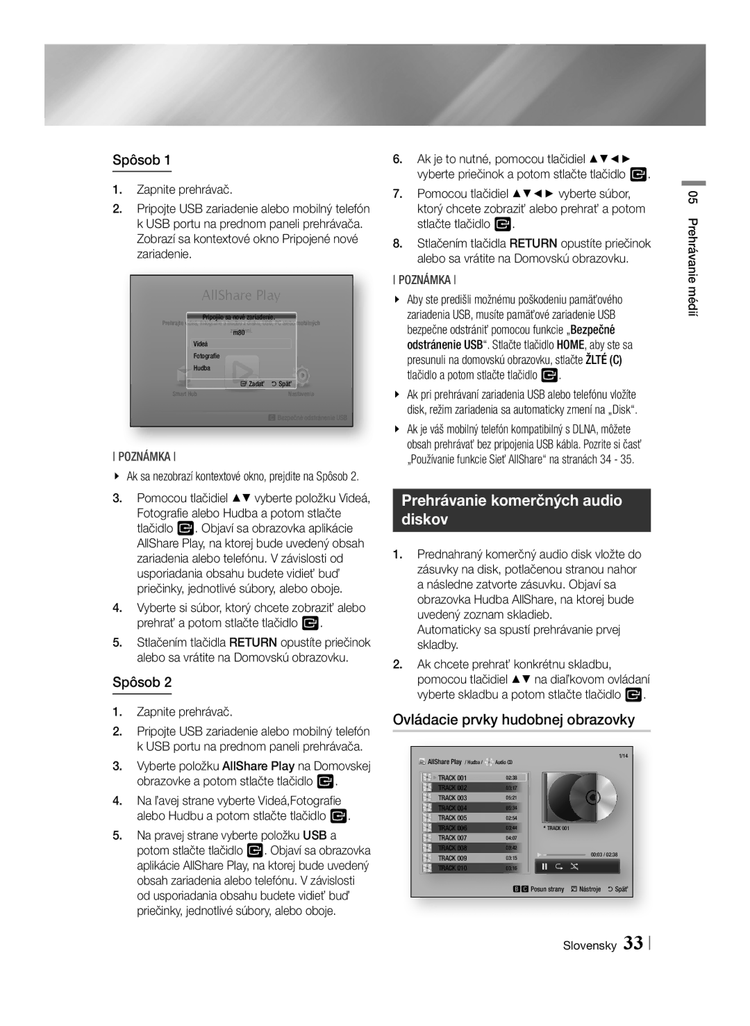 Samsung BD-E6100/EN Prehrávanie komerčných audio diskov, Ovládacie prvky hudobnej obrazovky, Spôsob, Zapnite prehrávač 