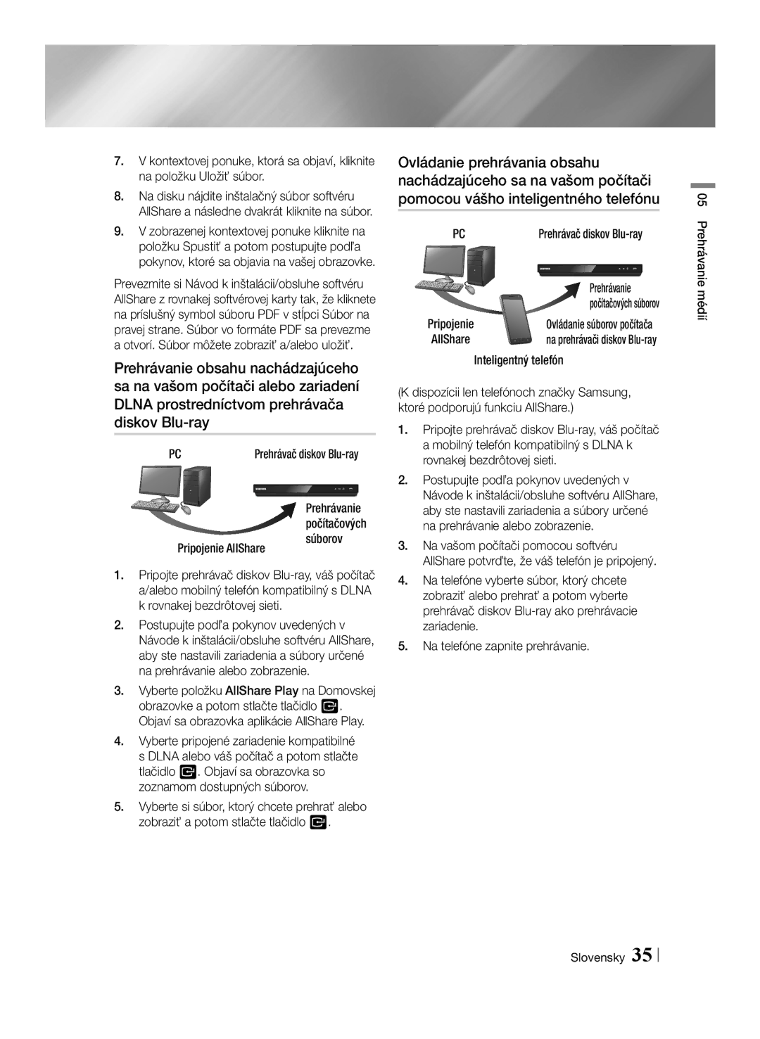 Samsung BD-E6100/EN manual PCPrehrávač diskov Blu-ray, Pripojenie AllShare Súborov, Prehrávanie, Inteligentný telefón 