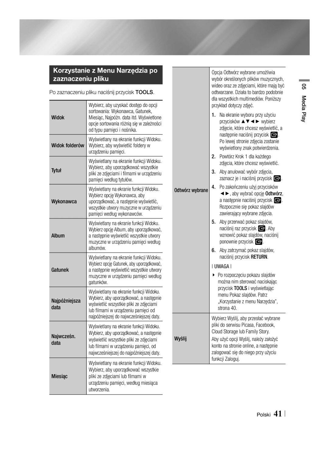 Samsung BD-E6100/EN manual Korzystanie z Menu Narzędzia po zaznaczeniu pliku 