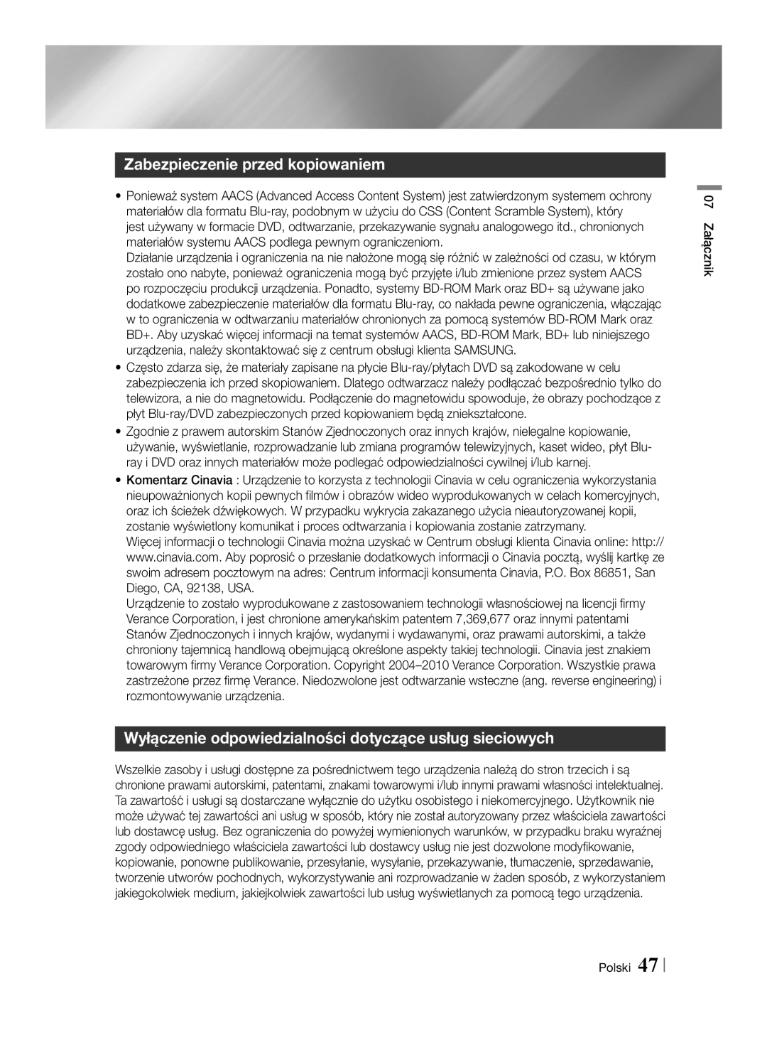 Samsung BD-E6100/EN manual Zabezpieczenie przed kopiowaniem, Wyłączenie odpowiedzialności dotyczące usług sieciowych 