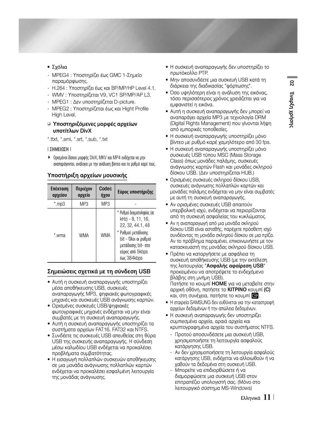 Samsung BD-E6100/EN manual Υποστήριξη αρχείων μουσικής, Σημειώσεις σχετικά με τη σύνδεση USB, Wma 