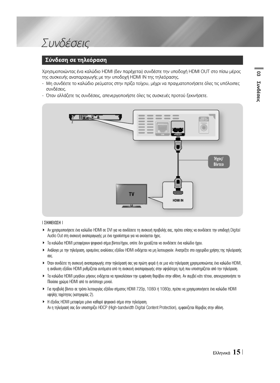 Samsung BD-E6100/EN manual Σύνδεση σε τηλεόραση, 03 Συνδέσεις Ελληνικά 