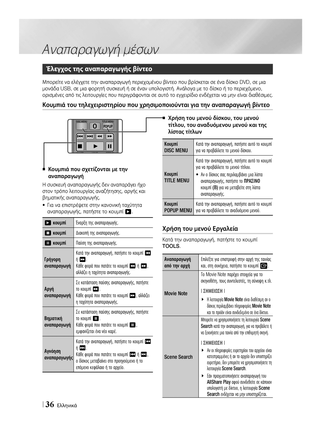 Samsung BD-E6100/EN manual Έλεγχος της αναπαραγωγής βίντεο, Χρήση του μενού Εργαλεία, Disc Menu, Title Menu, Tools 