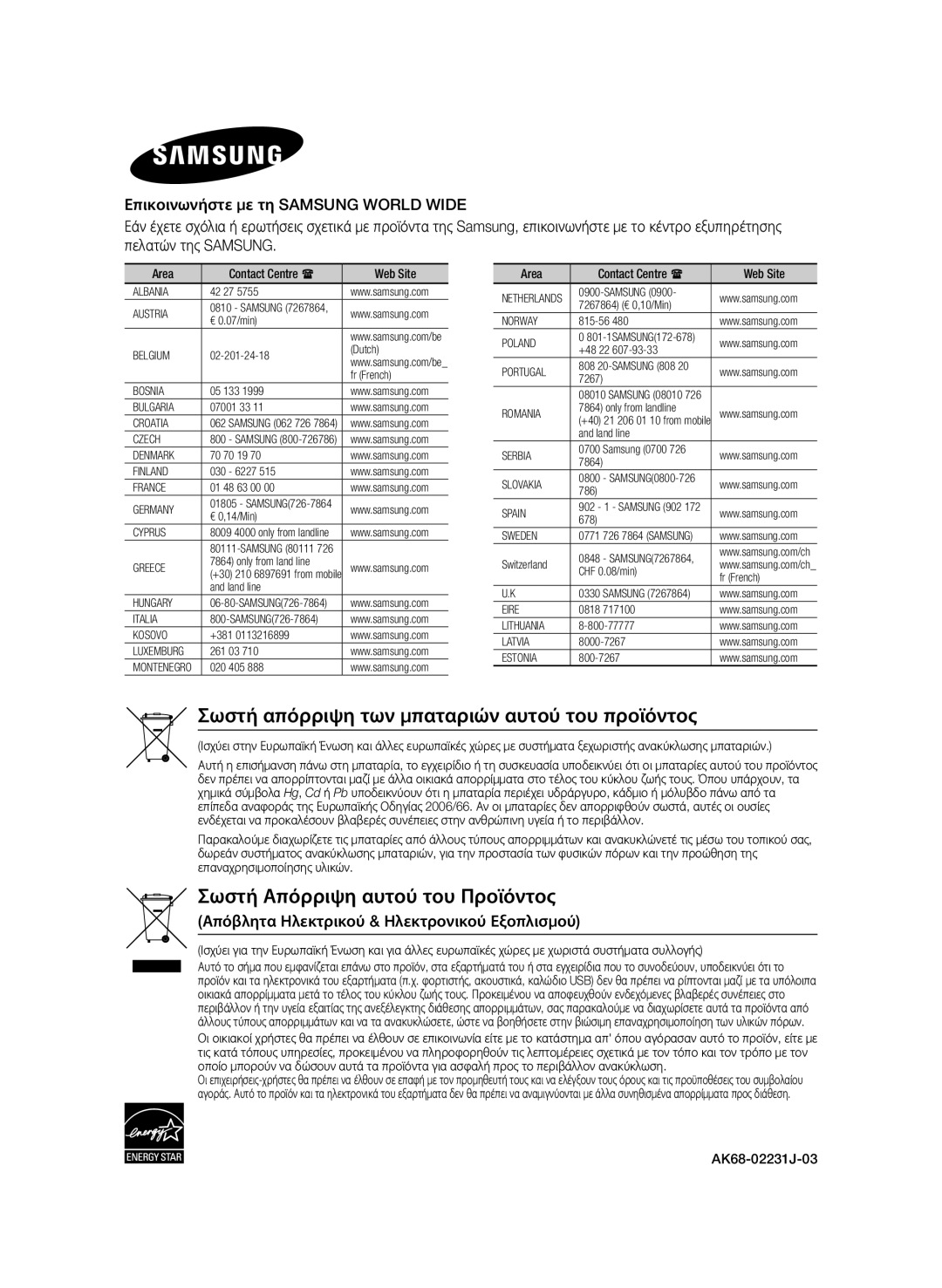 Samsung BD-E6100/EN manual Σωστή απόρριψη των μπαταριών αυτού του προϊόντος, Area, Web Site, AK68-02231J-03 