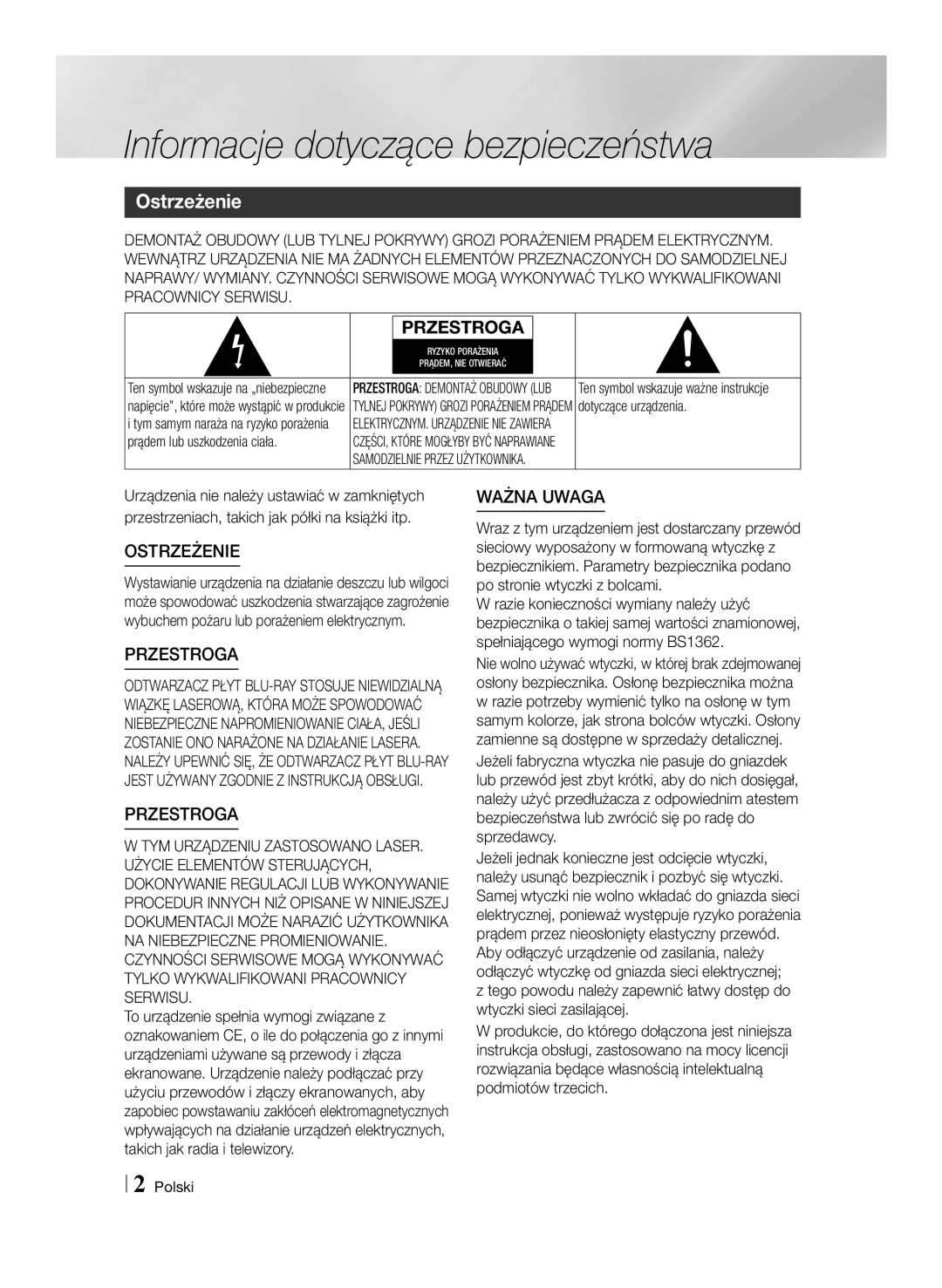 Samsung BD-E6100/EN Informacje dotyczące bezpieczeństwa, Ostrzeżenie, Dotyczące urządzenia, Prądem lub uszkodzenia ciała 