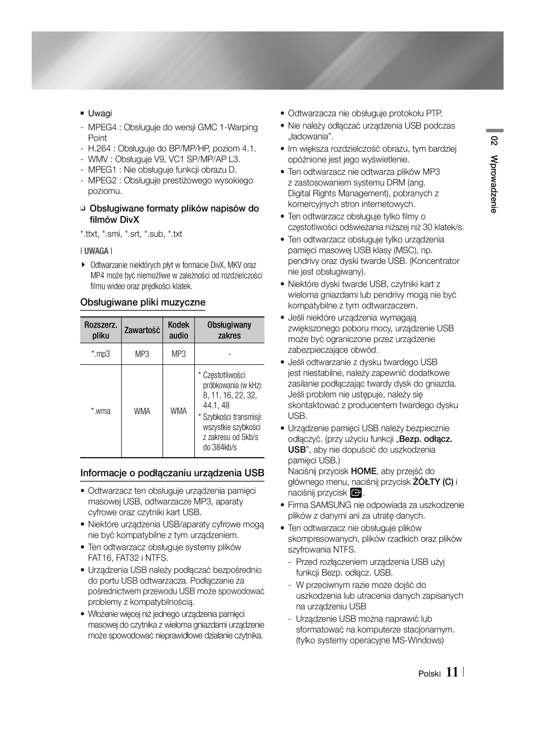 Samsung BD-E6100/EN manual Obsługiwane pliki muzyczne, Informacje o podłączaniu urządzenia USB 