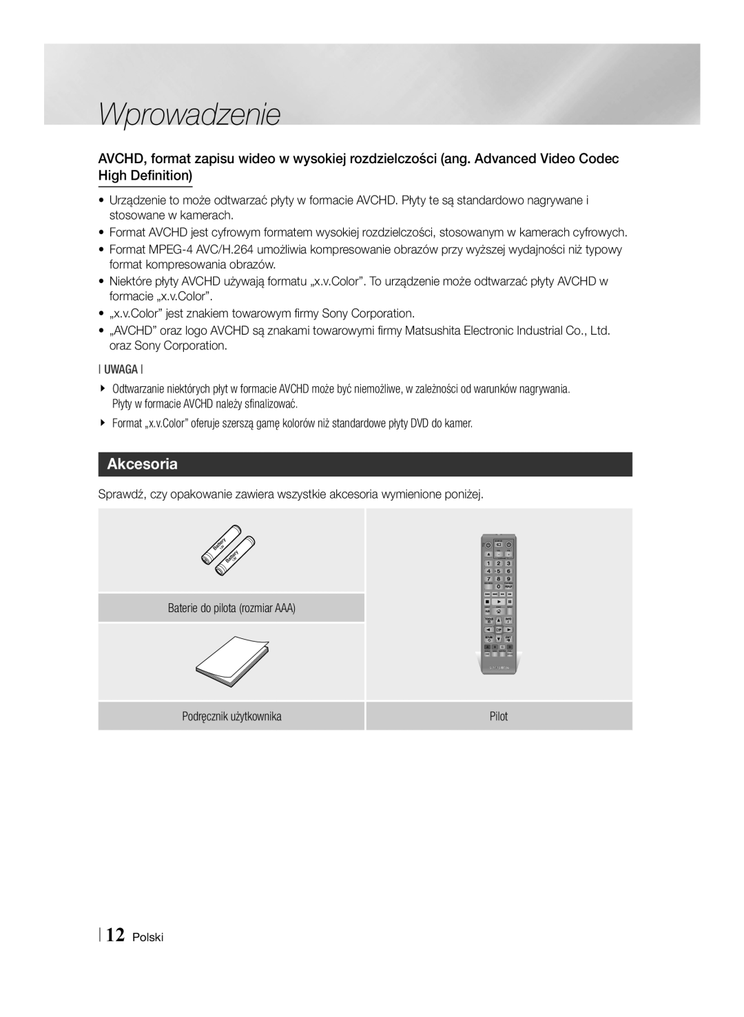 Samsung BD-E6100/EN manual Akcesoria, Podręcznik użytkownika Pilot 