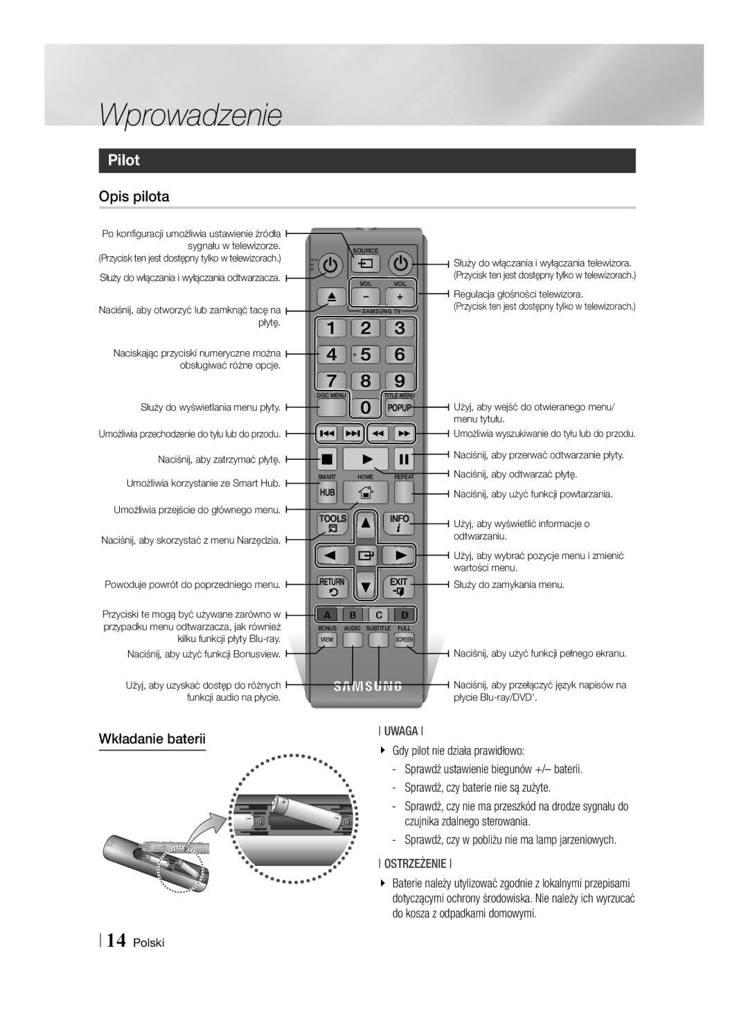 Samsung BD-E6100/EN manual Pilot, Opis pilota, Wkładanie baterii, Gdy pilot nie działa prawidłowo 