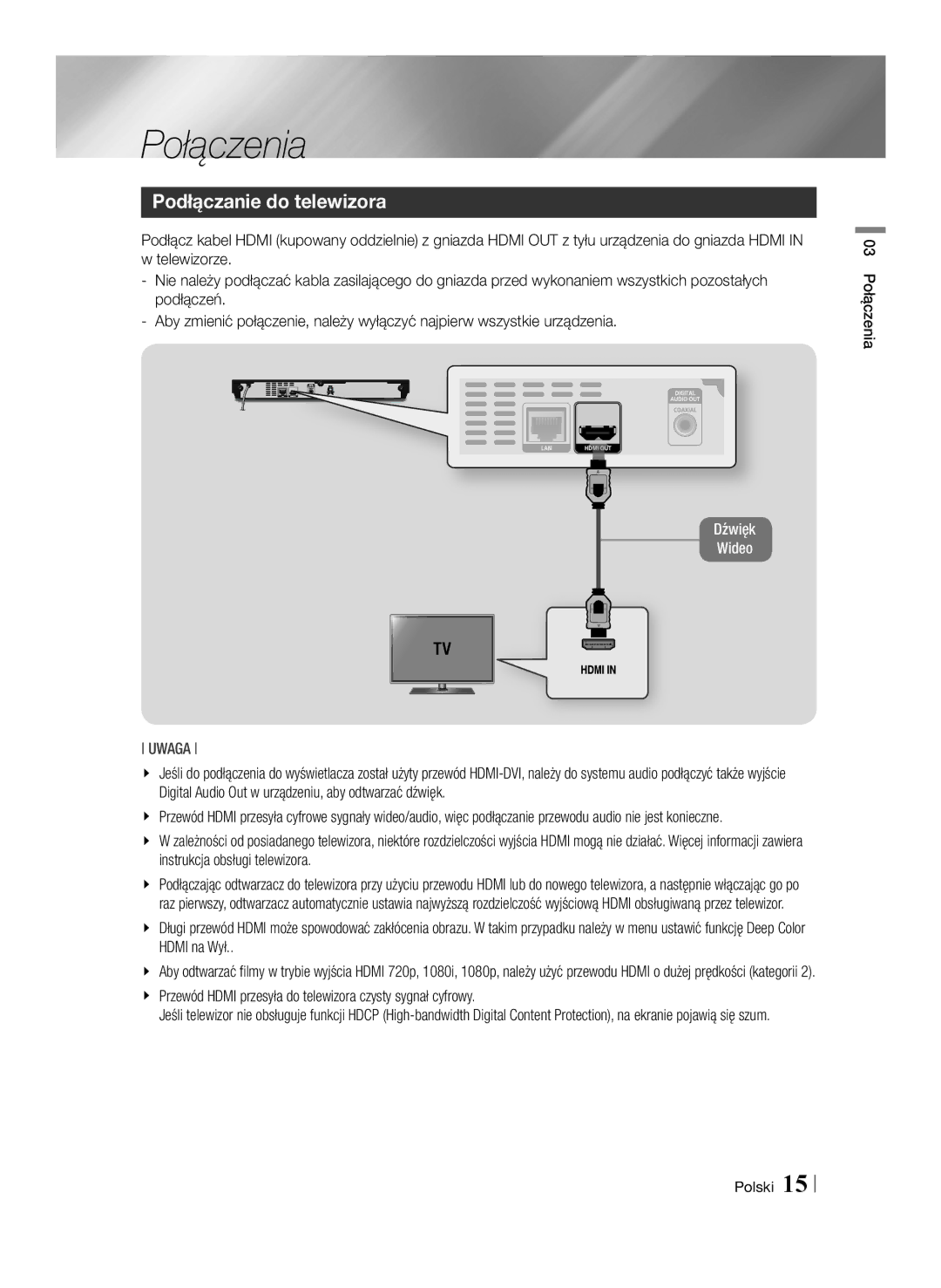 Samsung BD-E6100/EN manual Podłączanie do telewizora, 03 Połączenia Polski 