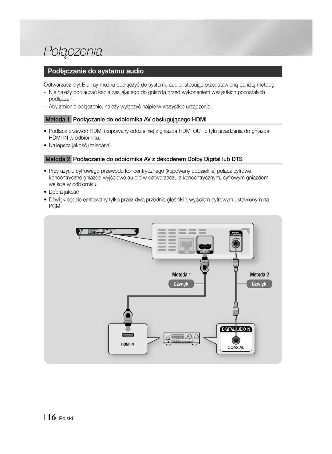 Samsung BD-E6100/EN manual Podłączanie do systemu audio, Metoda 