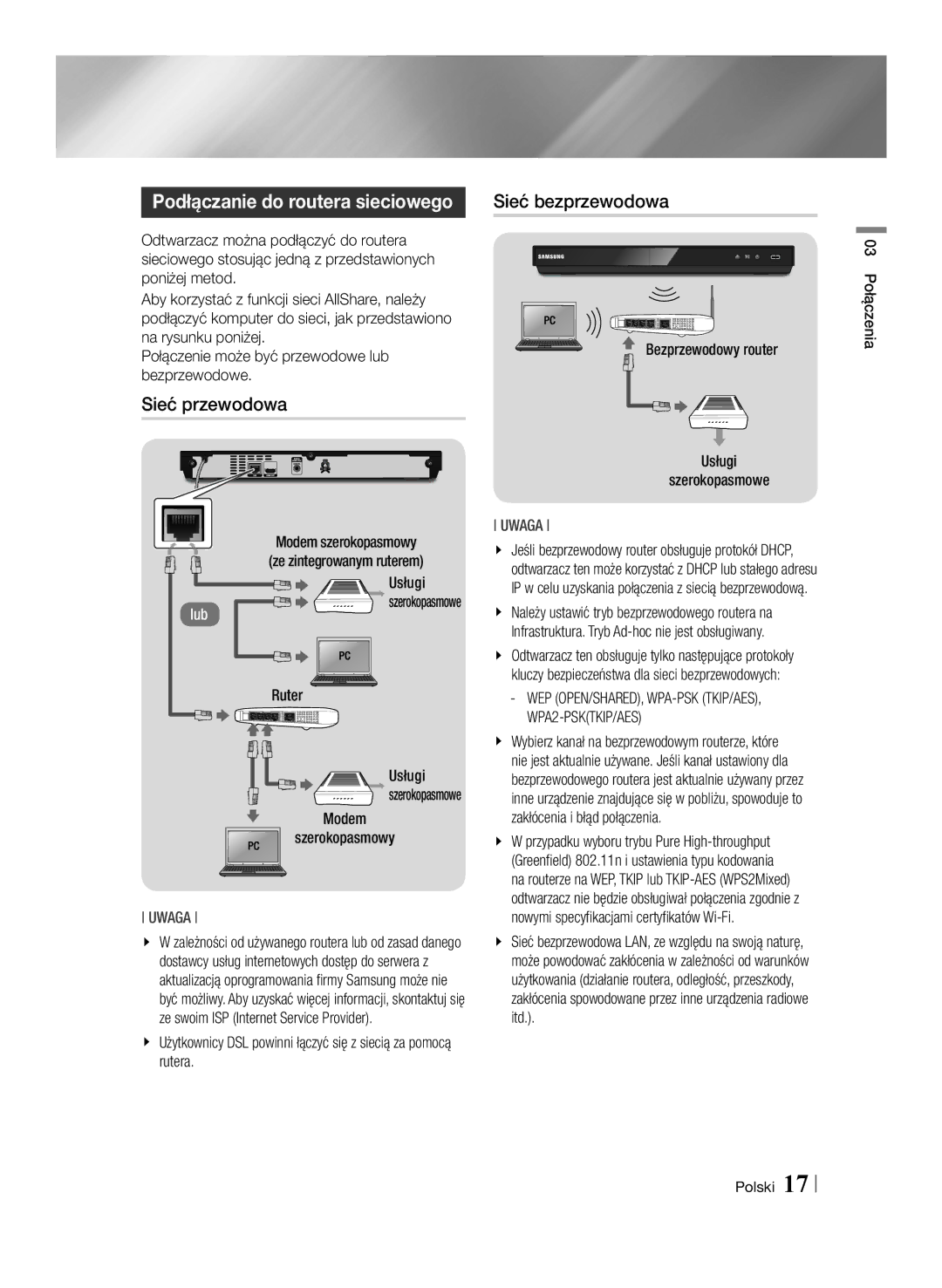 Samsung BD-E6100/EN manual Podłączanie do routera sieciowego, Sieć przewodowa Sieć bezprzewodowa, WPA2-PSKTKIP/AES 