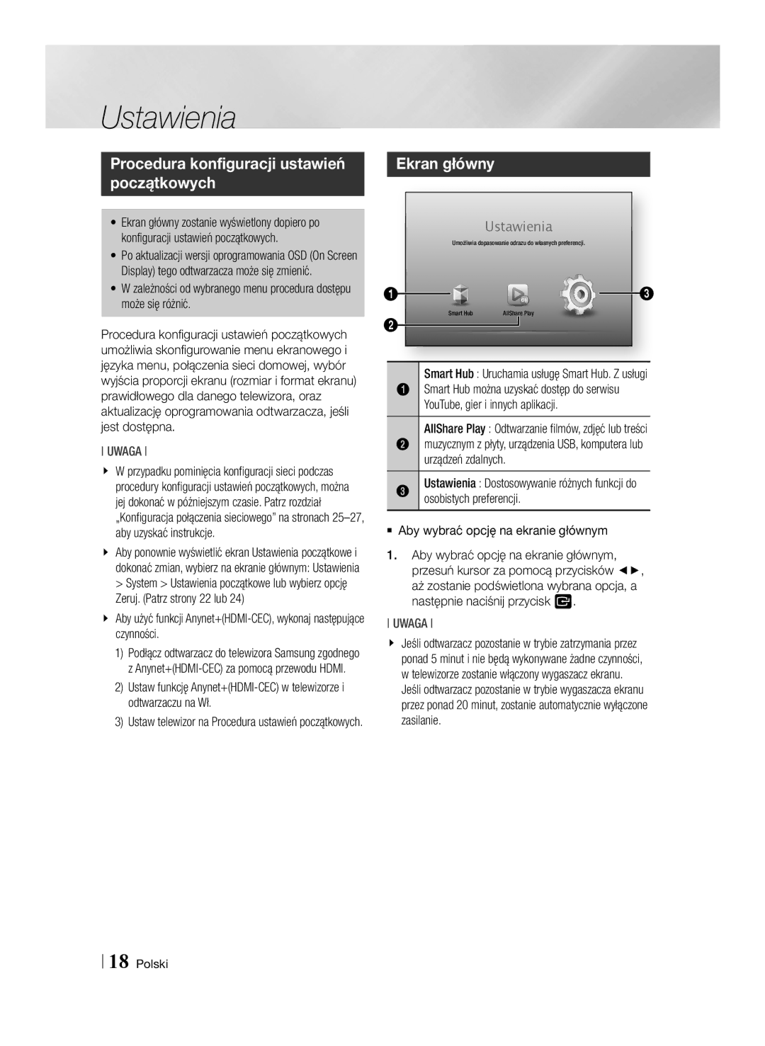 Samsung BD-E6100/EN manual Ustawienia, Procedura konfiguracji ustawień początkowych, Ekran główny 