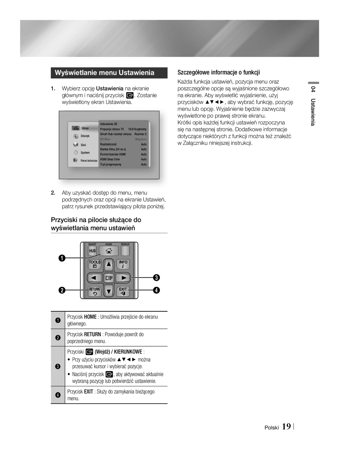 Samsung BD-E6100/EN Wyświetlanie menu Ustawienia, Przyciski na pilocie służące do wyświetlania menu ustawień, Głównego 